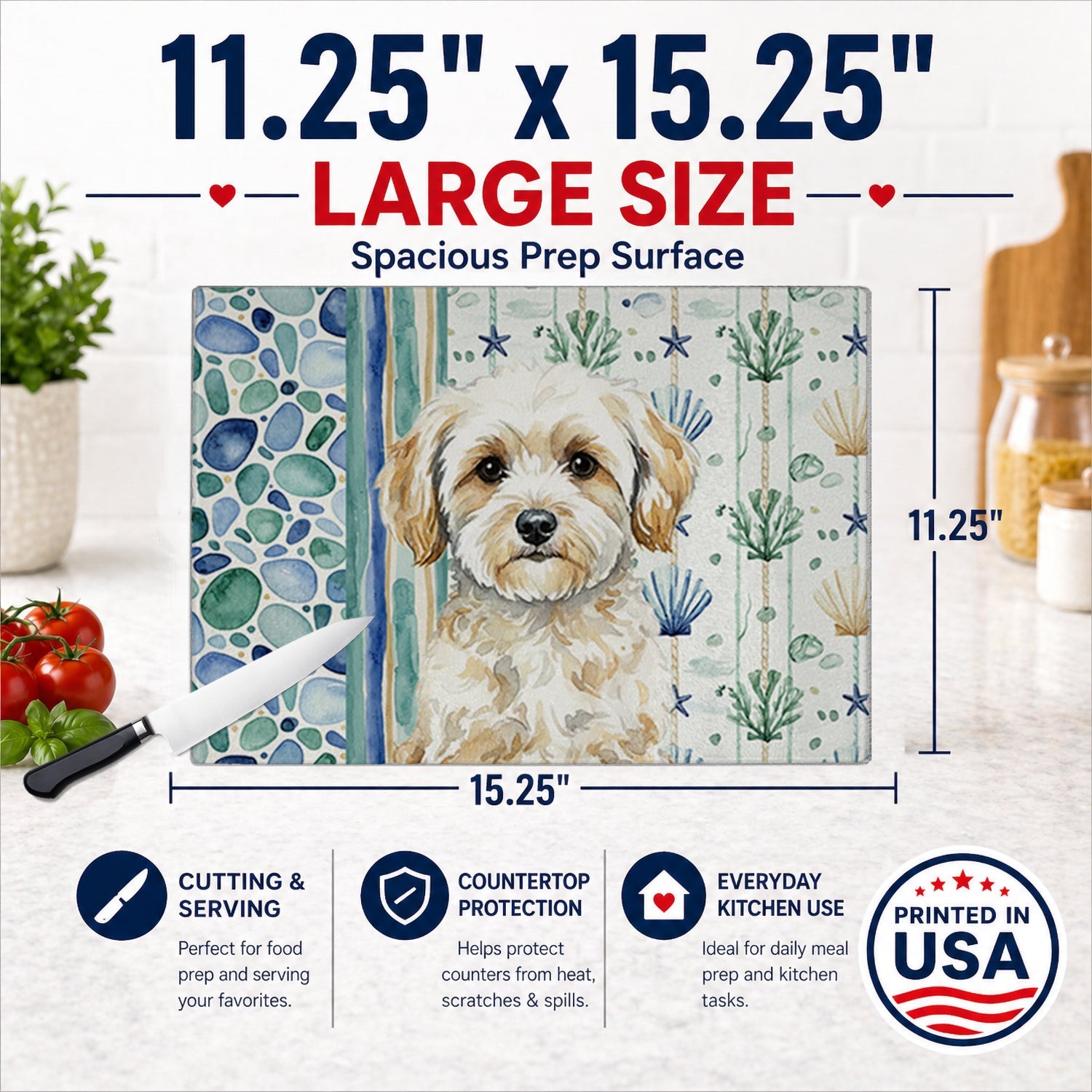 Maltipoo Coastal Sea Glass Cutting Board Tempered Glass Kitchen Cutting Surface, Heat Resistant Chopping, Non-Slip Feet, Food Prep & Serving