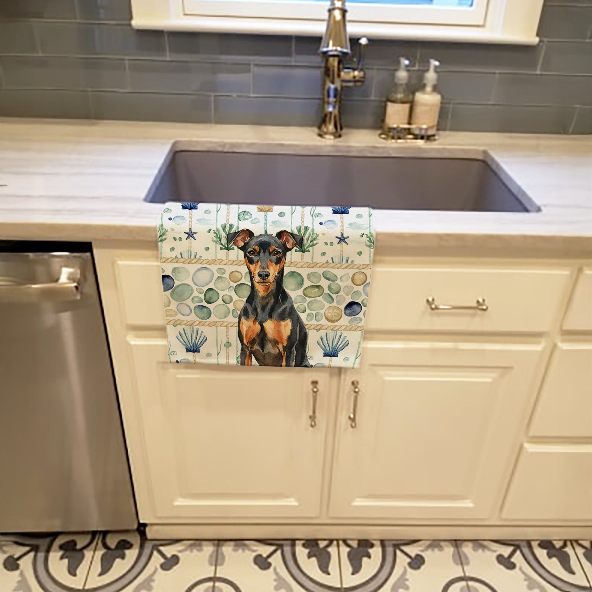 Manchester Terrier Coastal Sea Glass Kitchen Towel Velour Plush Front and Cotton Loop Back Machine Washable