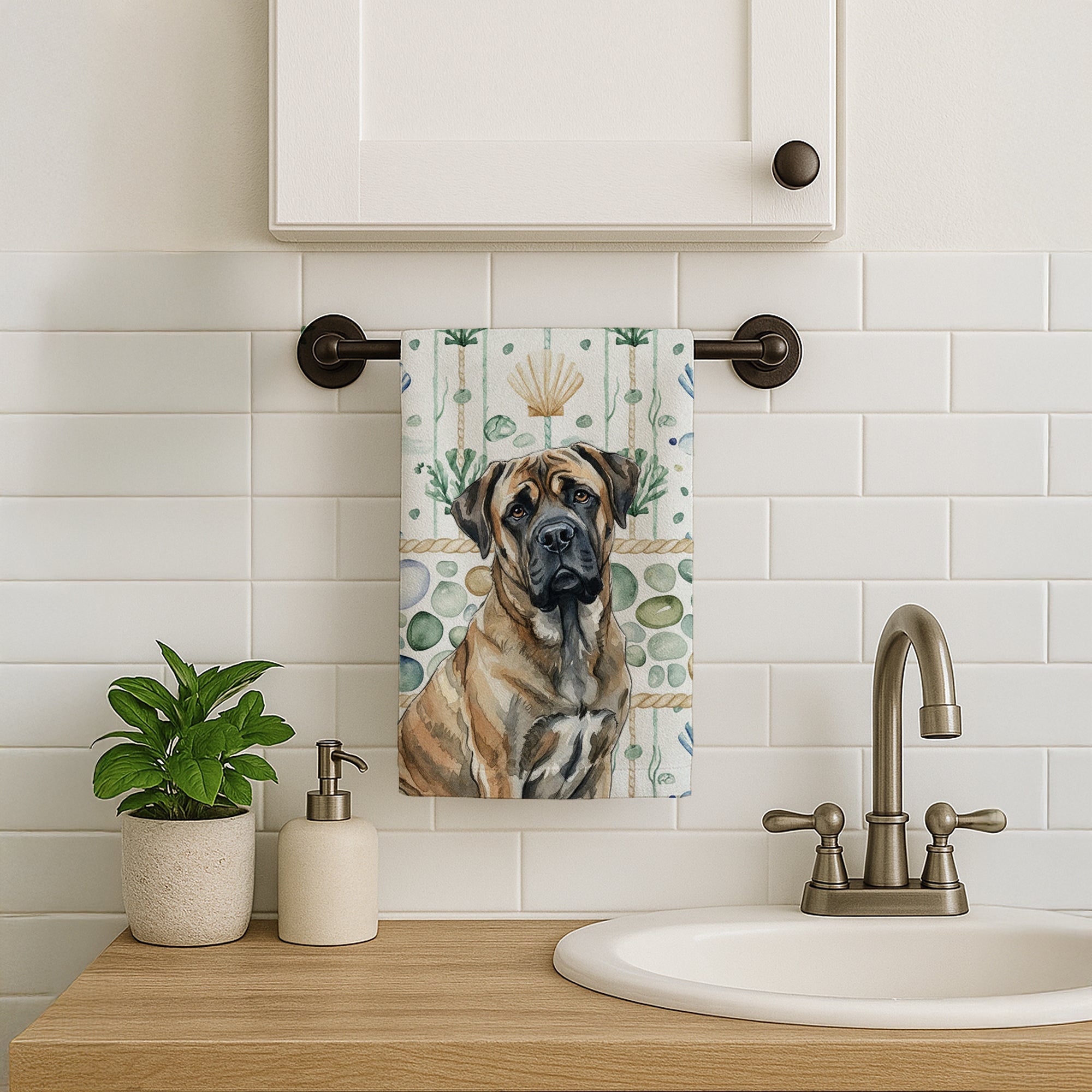 Brindle Mastiff Coastal Sea Glass Kitchen Towel Velour Plush Front and Cotton Loop Back Machine Washable