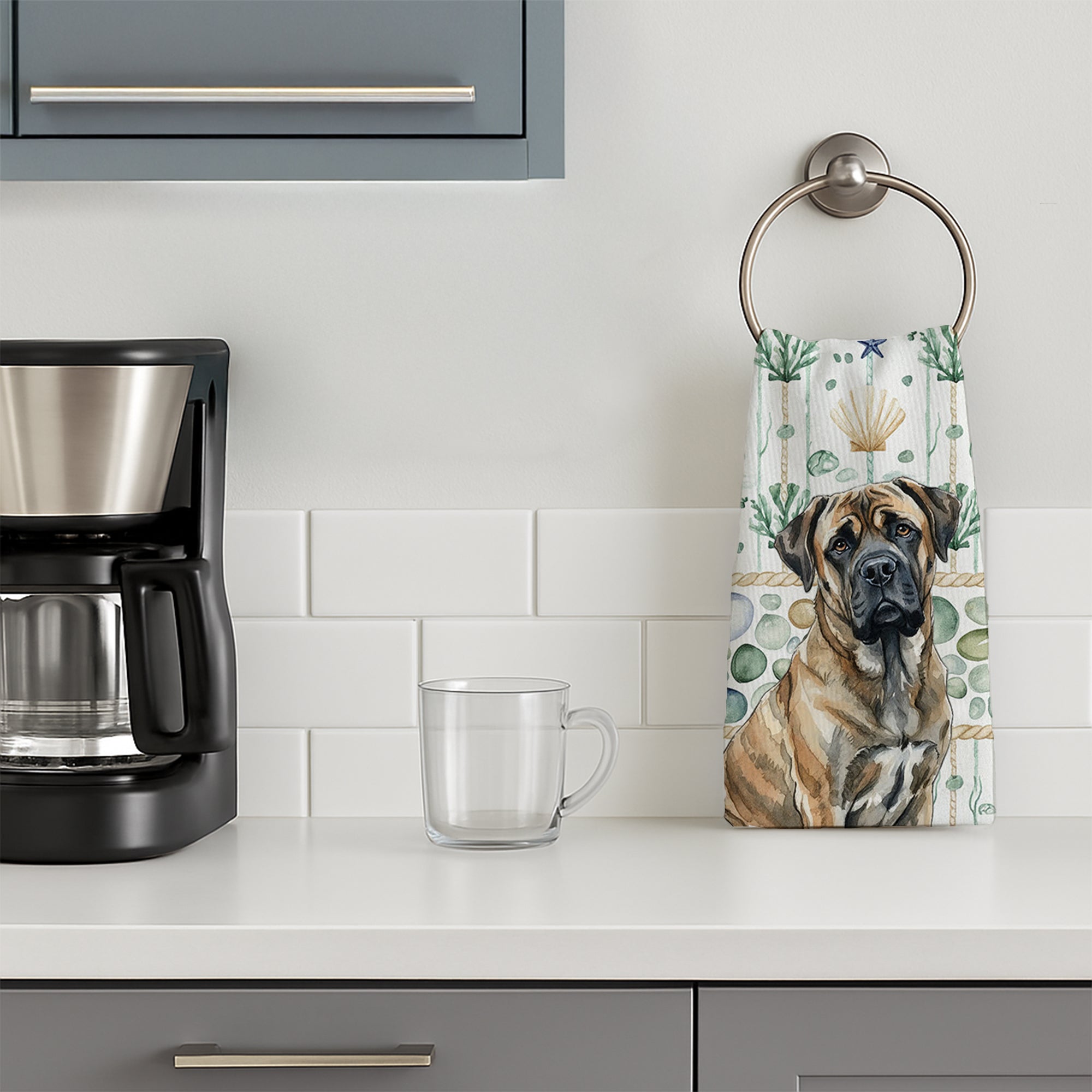 Brindle Mastiff Coastal Sea Glass Kitchen Towel Velour Plush Front and Cotton Loop Back Machine Washable