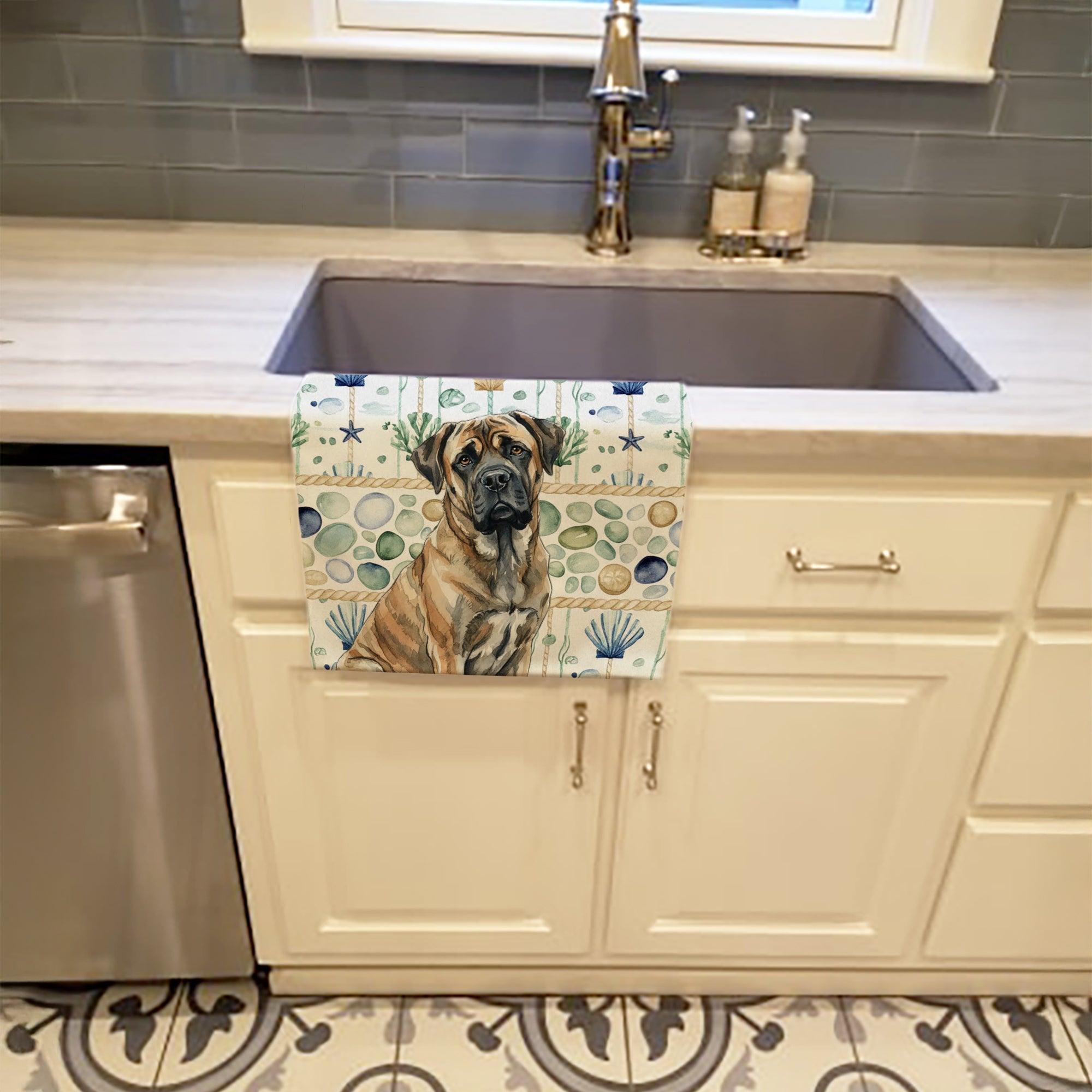 Brindle Mastiff Coastal Sea Glass Kitchen Towel Velour Plush Front and Cotton Loop Back Machine Washable