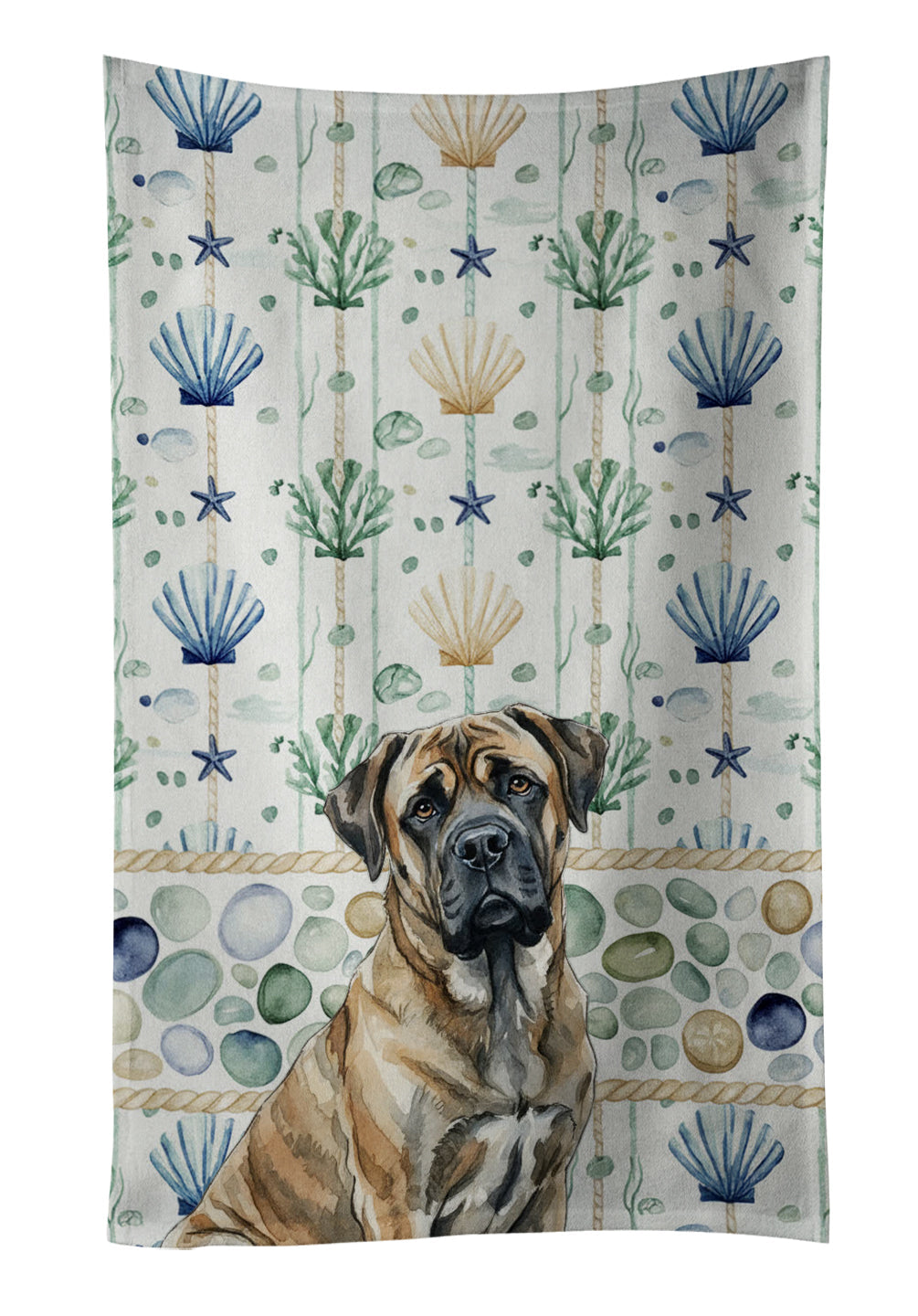 Brindle Mastiff Coastal Sea Glass Kitchen Towel Velour Plush Front and Cotton Loop Back Machine Washable