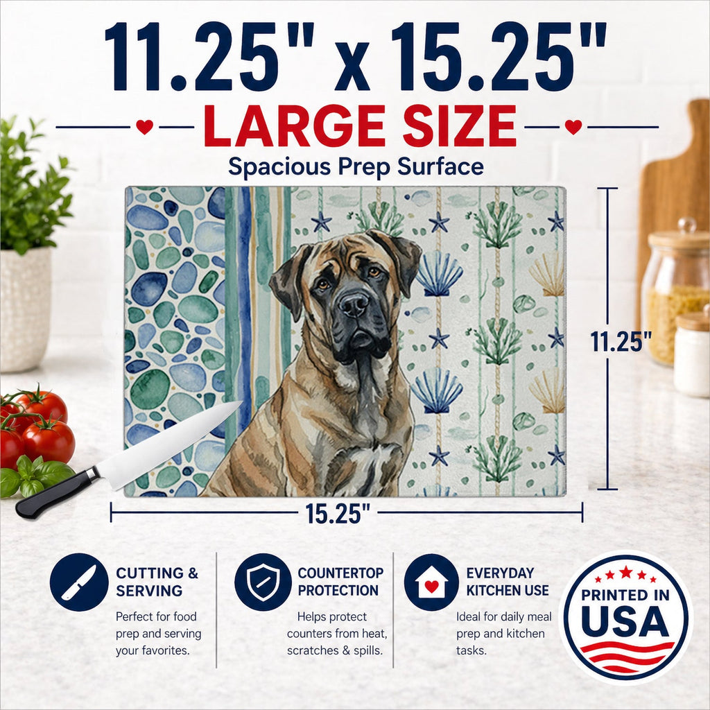 Brindle Mastiff Coastal Sea Glass Cutting Board Tempered Glass Kitchen Cutting Surface, Heat Resistant Chopping, Non-Slip Feet, Food Prep & Serving