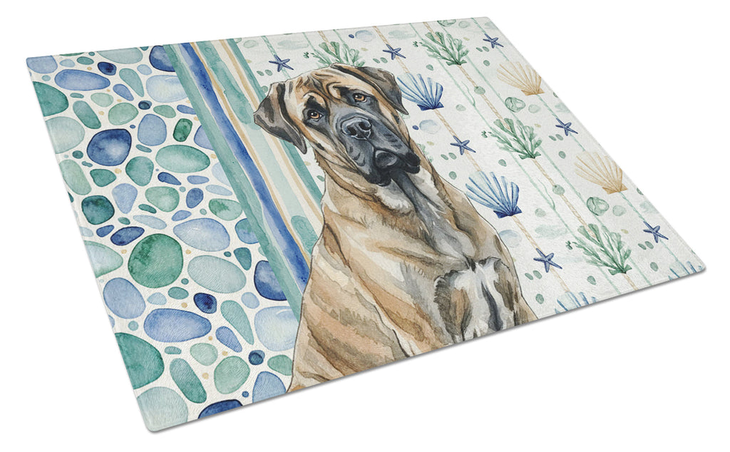 Brindle Mastiff Coastal Sea Glass Cutting Board Tempered Glass Kitchen Cutting Surface, Heat Resistant Chopping, Non-Slip Feet, Food Prep & Serving