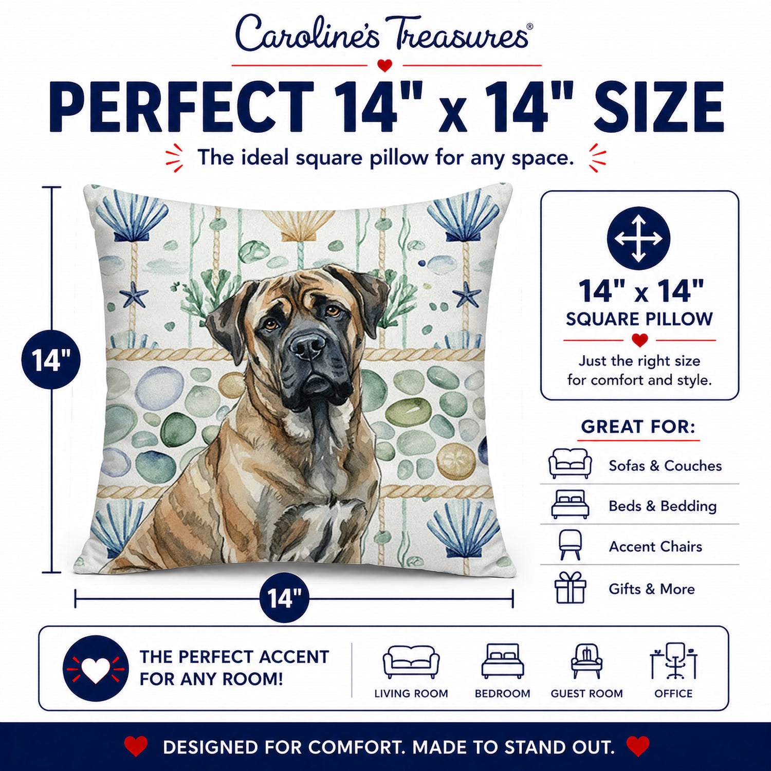 Brindle Mastiff Coastal Sea Glass Decorative Throw Pillow 14x14 Indoor Outdoor Accent Cushion, Fabric Cover with Insert for Sofa, Bed, Porch & Living Room