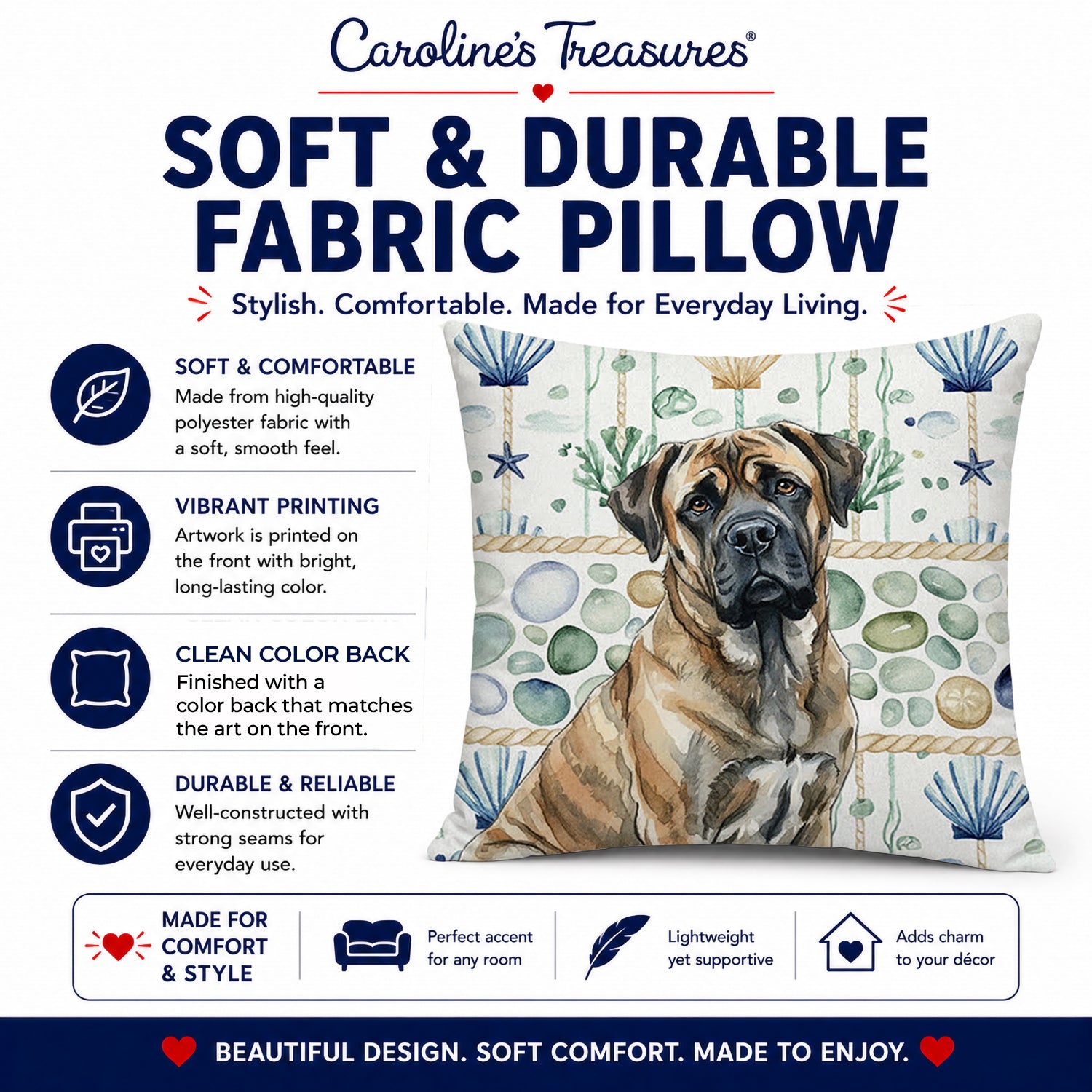 Brindle Mastiff Coastal Sea Glass Decorative Throw Pillow 18x18 Indoor Outdoor Accent Cushion, Fabric Cover with Insert for Sofa, Bed, Porch & Living Room