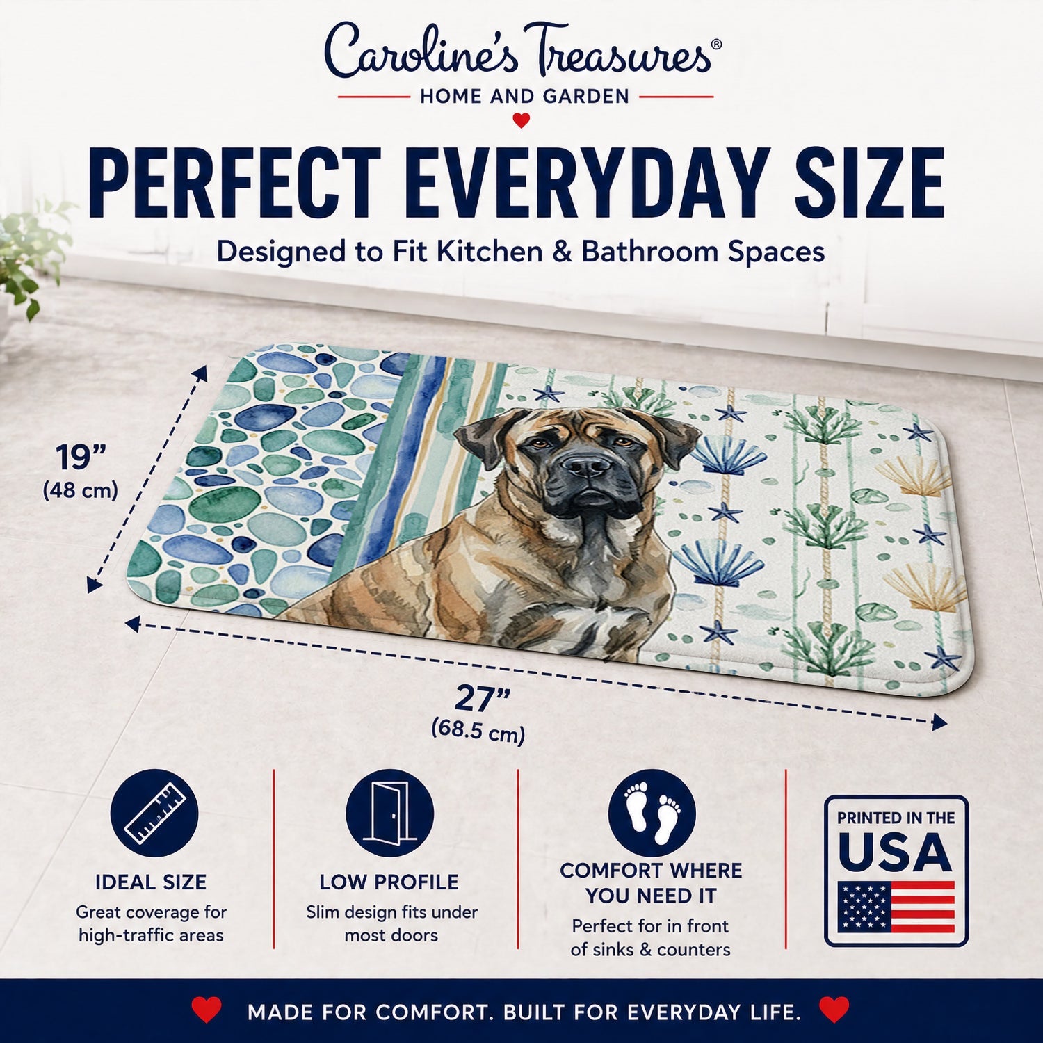Brindle Mastiff Coastal Sea Glass Memory Foam Kitchen Mat Machine Washable Anti-Fatigue Cushion Comfort Bath or Kitchen Rug