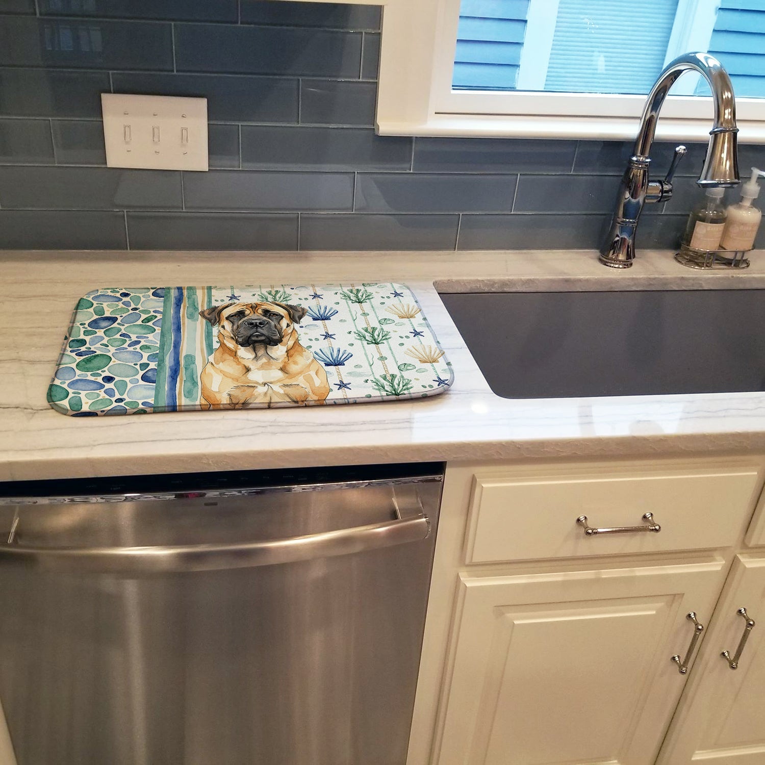 Fawn Mastiff Coastal Sea Glass Dish Drying Mat Absorbent Dish Drying Mat Pad for Kitchen Counter Dish Drainer Mat for Countertop, 14 x 21", Multicolor