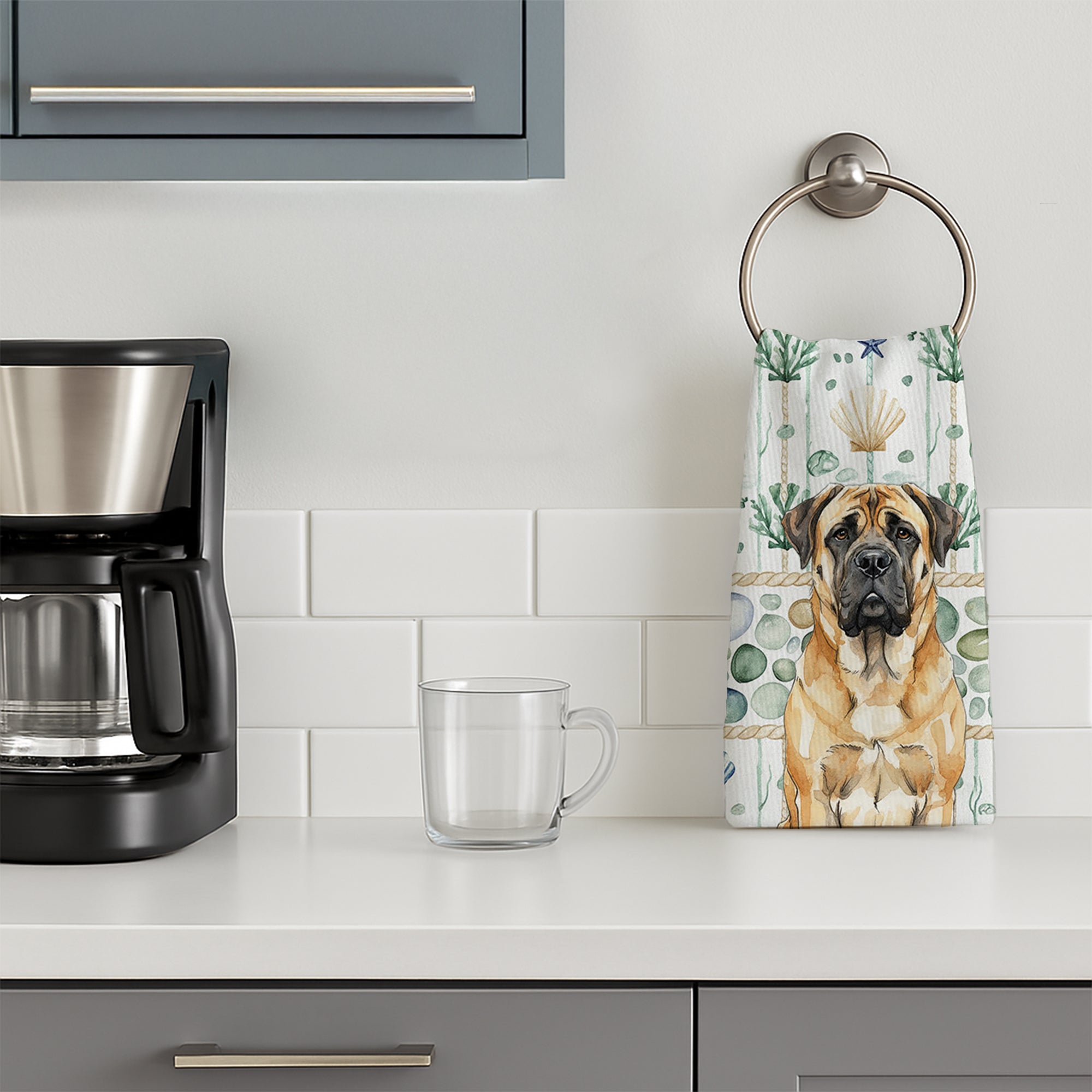 Fawn Mastiff Coastal Sea Glass Kitchen Towel Velour Plush Front and Cotton Loop Back Machine Washable