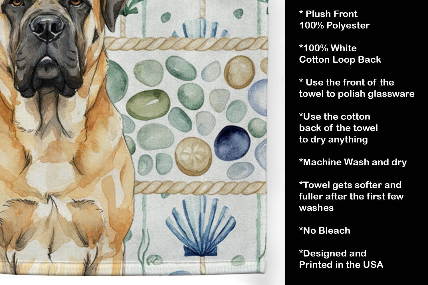Fawn Mastiff Coastal Sea Glass Kitchen Towel Velour Plush Front and Cotton Loop Back Machine Washable