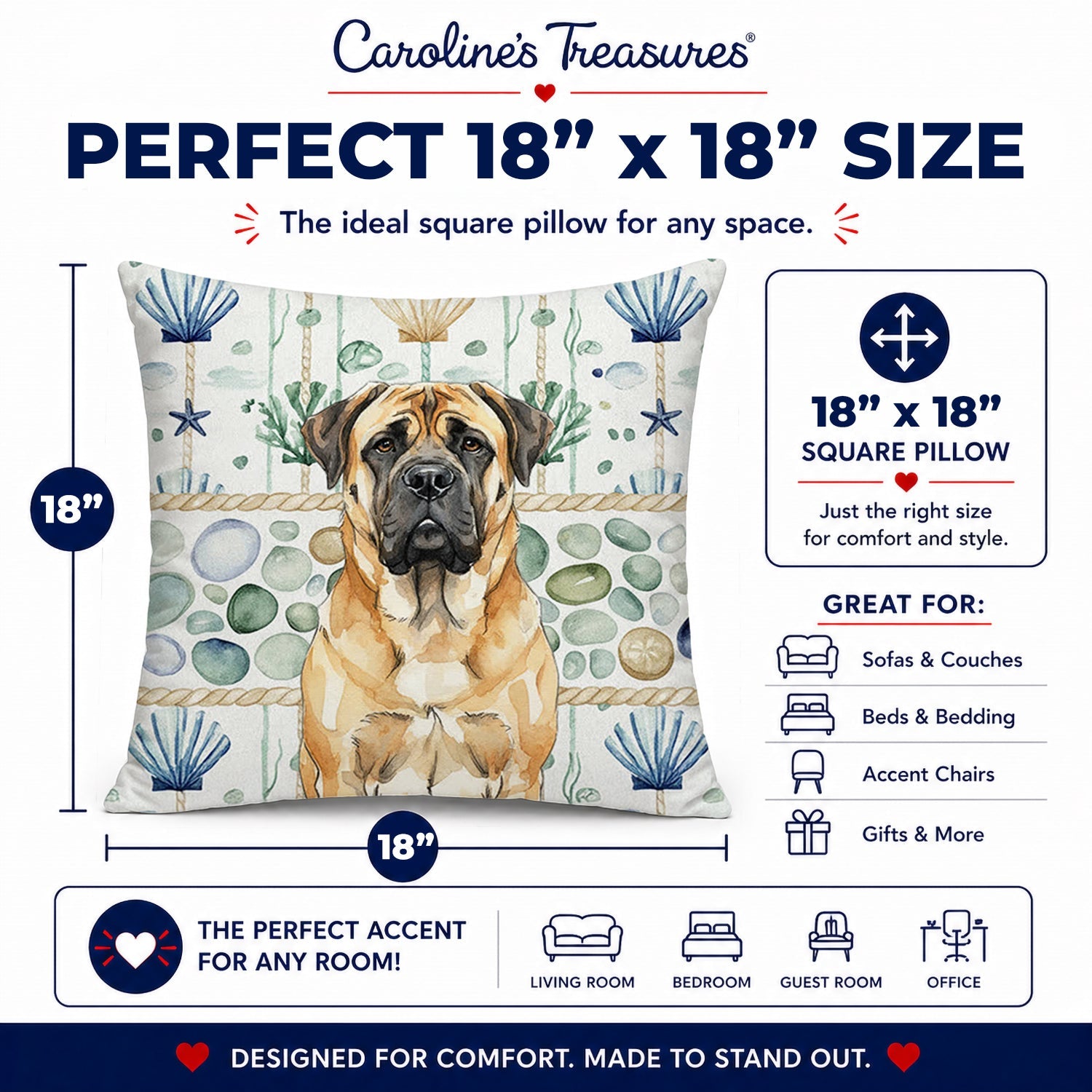 Fawn Mastiff Coastal Sea Glass Decorative Throw Pillow 18x18 Indoor Outdoor Accent Cushion, Fabric Cover with Insert for Sofa, Bed, Porch & Living Room