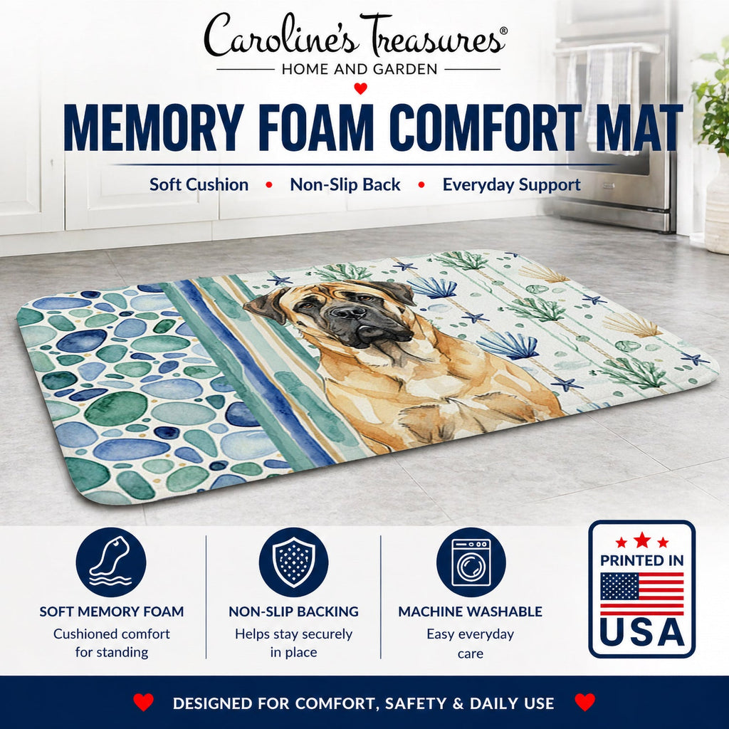 Fawn Mastiff Coastal Sea Glass Memory Foam Kitchen Mat Machine Washable Anti-Fatigue Cushion Comfort Bath or Kitchen Rug