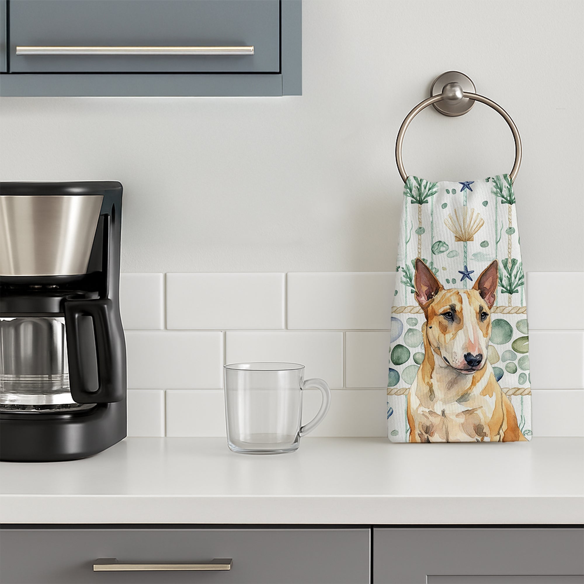Miniature Bull Terrier Coastal Sea Glass Kitchen Towel Velour Plush Front and Cotton Loop Back Machine Washable
