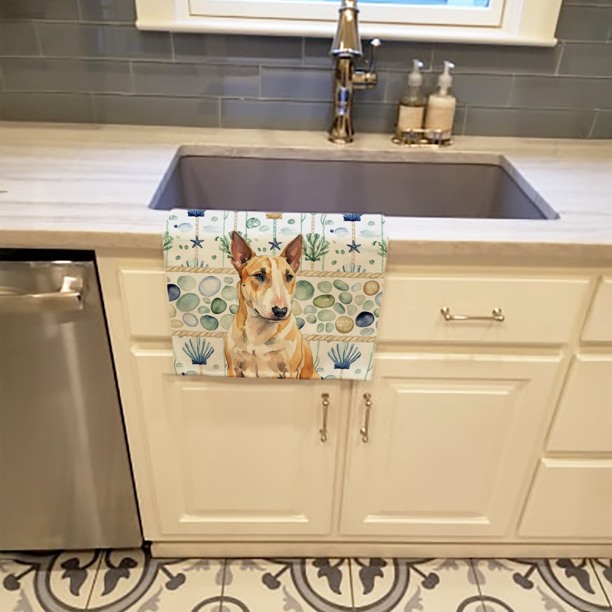Miniature Bull Terrier Coastal Sea Glass Kitchen Towel Velour Plush Front and Cotton Loop Back Machine Washable