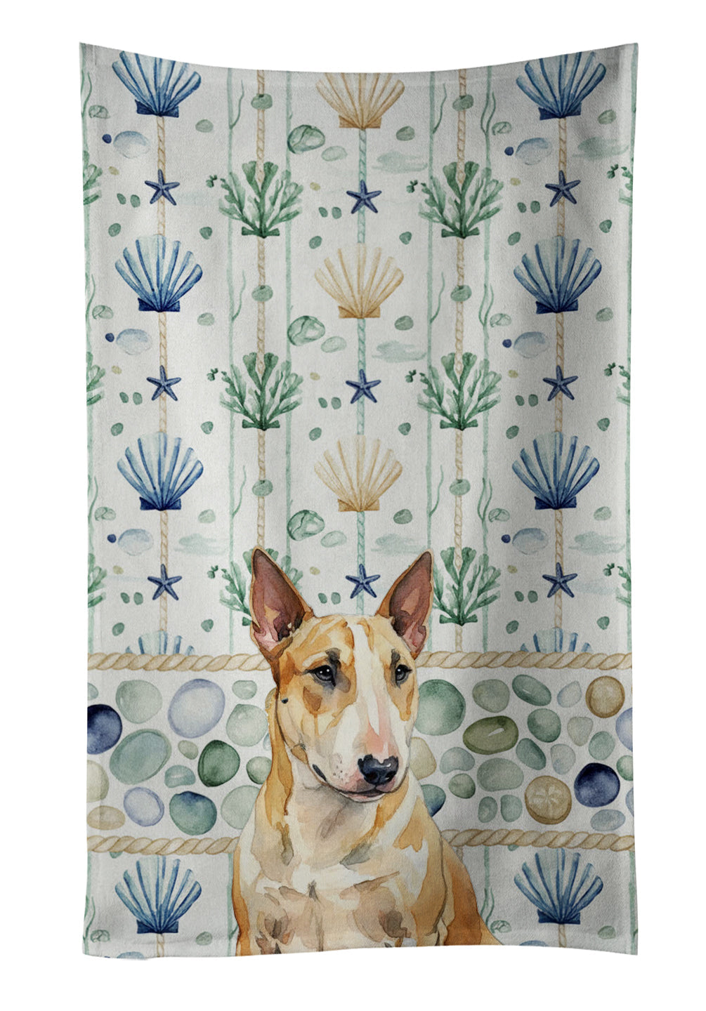Miniature Bull Terrier Coastal Sea Glass Kitchen Towel Velour Plush Front and Cotton Loop Back Machine Washable