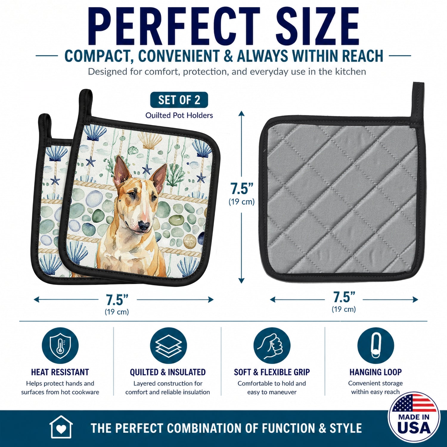 Miniature Bull Terrier Coastal Sea Glass Pot Holder Set of 2 Heat Resistant Quilted Hot Pads 7.5 x 7.5 Inch, Insulated Kitchen Trivets for Cooking & Baking
