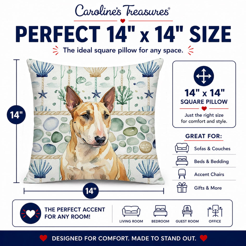 Miniature Bull Terrier Coastal Sea Glass Decorative Throw Pillow 14x14 Indoor Outdoor Accent Cushion, Fabric Cover with Insert for Sofa, Bed, Porch & Living Room