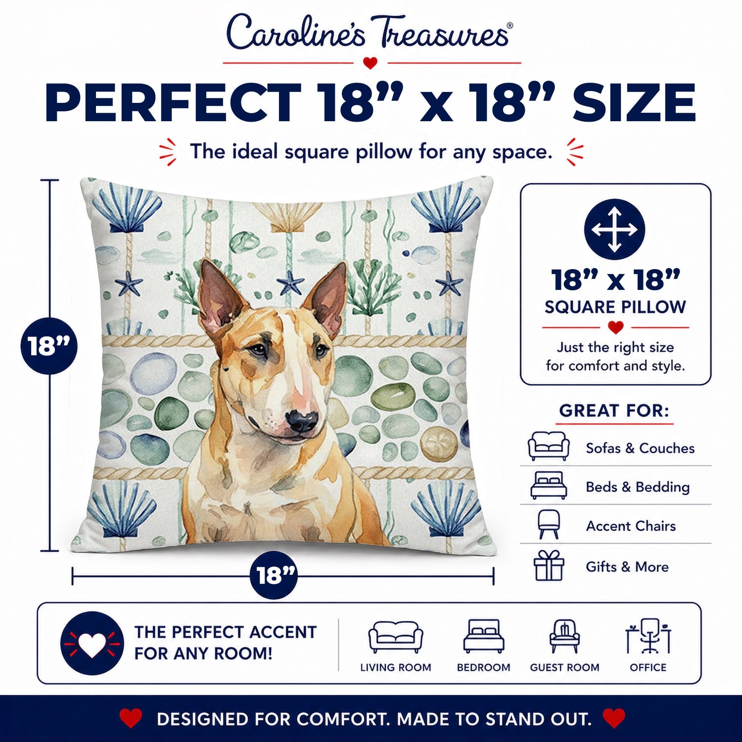 Miniature Bull Terrier Coastal Sea Glass Decorative Throw Pillow 18x18 Indoor Outdoor Accent Cushion, Fabric Cover with Insert for Sofa, Bed, Porch & Living Room