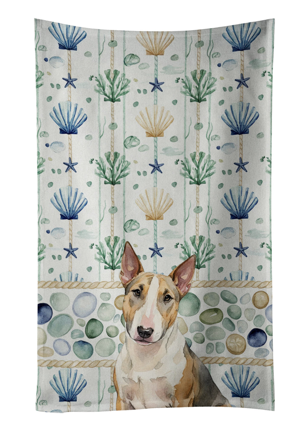Tricolor Miniature Bull Terrier Coastal Sea Glass Kitchen Towel Velour Plush Front and Cotton Loop Back Machine Washable