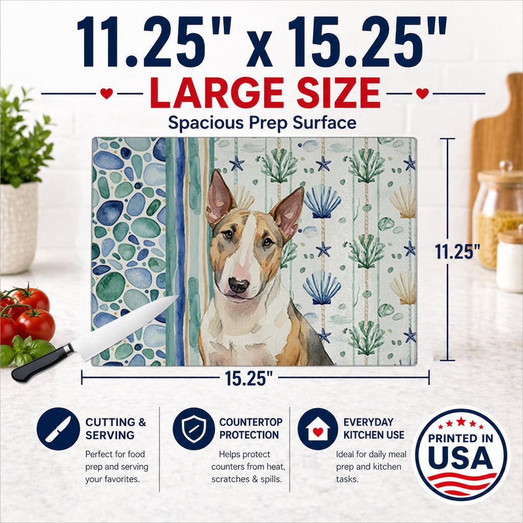 Tricolor Miniature Bull Terrier Coastal Sea Glass Cutting Board Tempered Glass Kitchen Cutting Surface, Heat Resistant Chopping, Non-Slip Feet, Food Prep & Serving
