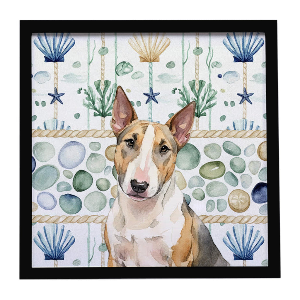Tricolor Miniature Bull Terrier Coastal Sea Glass Framed Metal Print Bathroom, Kitchen, Office, Home Decor Wall Art Ready to Hang, Square, 8X8