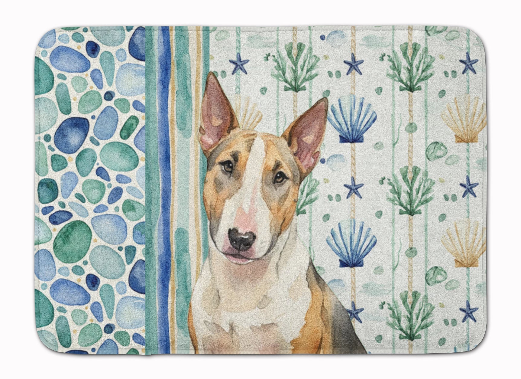 Tricolor Miniature Bull Terrier Coastal Sea Glass Memory Foam Kitchen Mat Machine Washable Anti-Fatigue Cushion Comfort Bath or Kitchen Rug