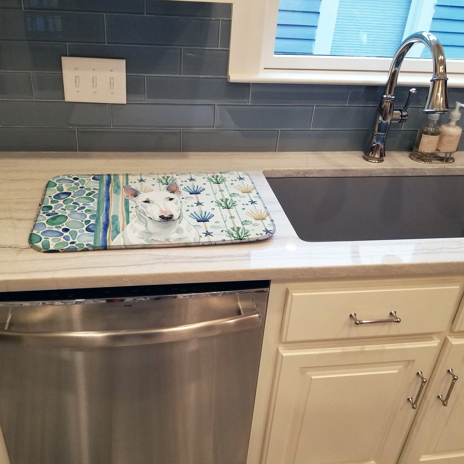 White Miniature Bull Terrier Coastal Sea Glass Dish Drying Mat Absorbent Dish Drying Mat Pad for Kitchen Counter Dish Drainer Mat for Countertop, 14 x 21", Multicolor