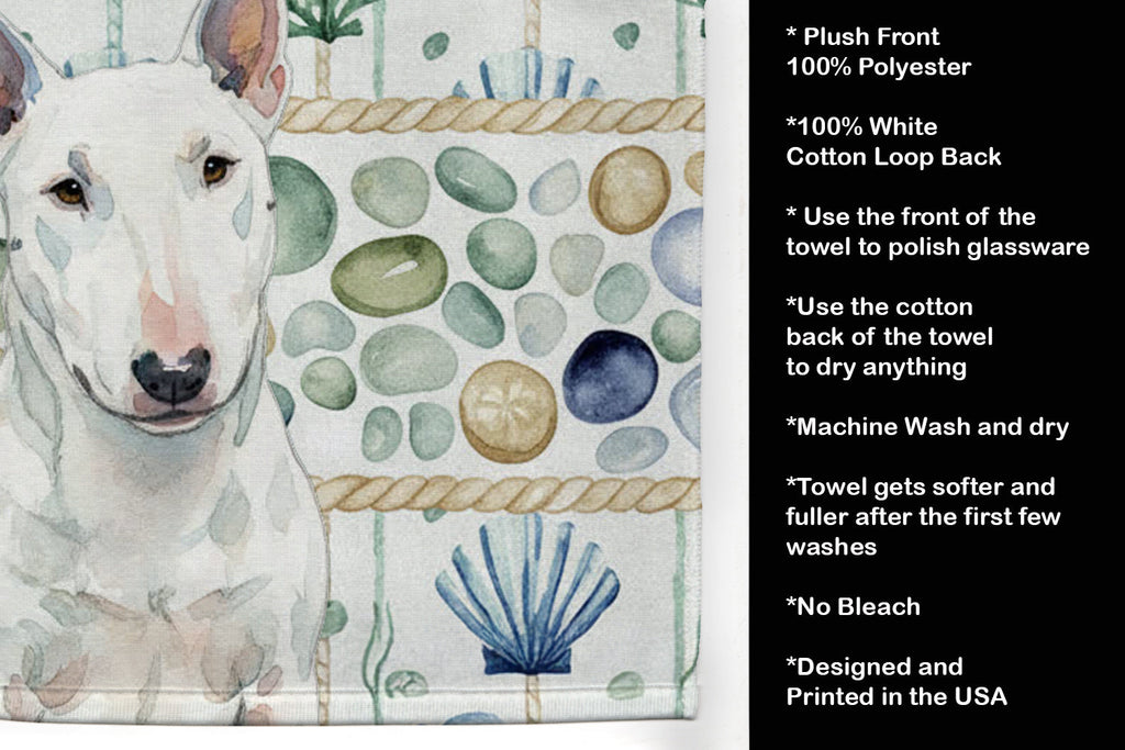 White Miniature Bull Terrier Coastal Sea Glass Kitchen Towel Velour Plush Front and Cotton Loop Back Machine Washable