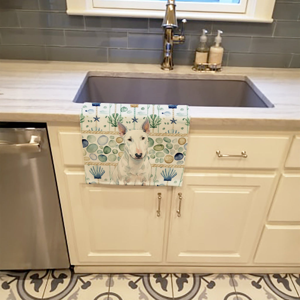 White Miniature Bull Terrier Coastal Sea Glass Kitchen Towel Velour Plush Front and Cotton Loop Back Machine Washable