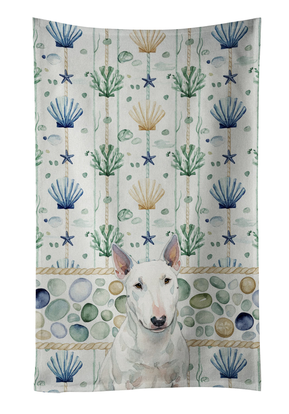 White Miniature Bull Terrier Coastal Sea Glass Kitchen Towel Velour Plush Front and Cotton Loop Back Machine Washable