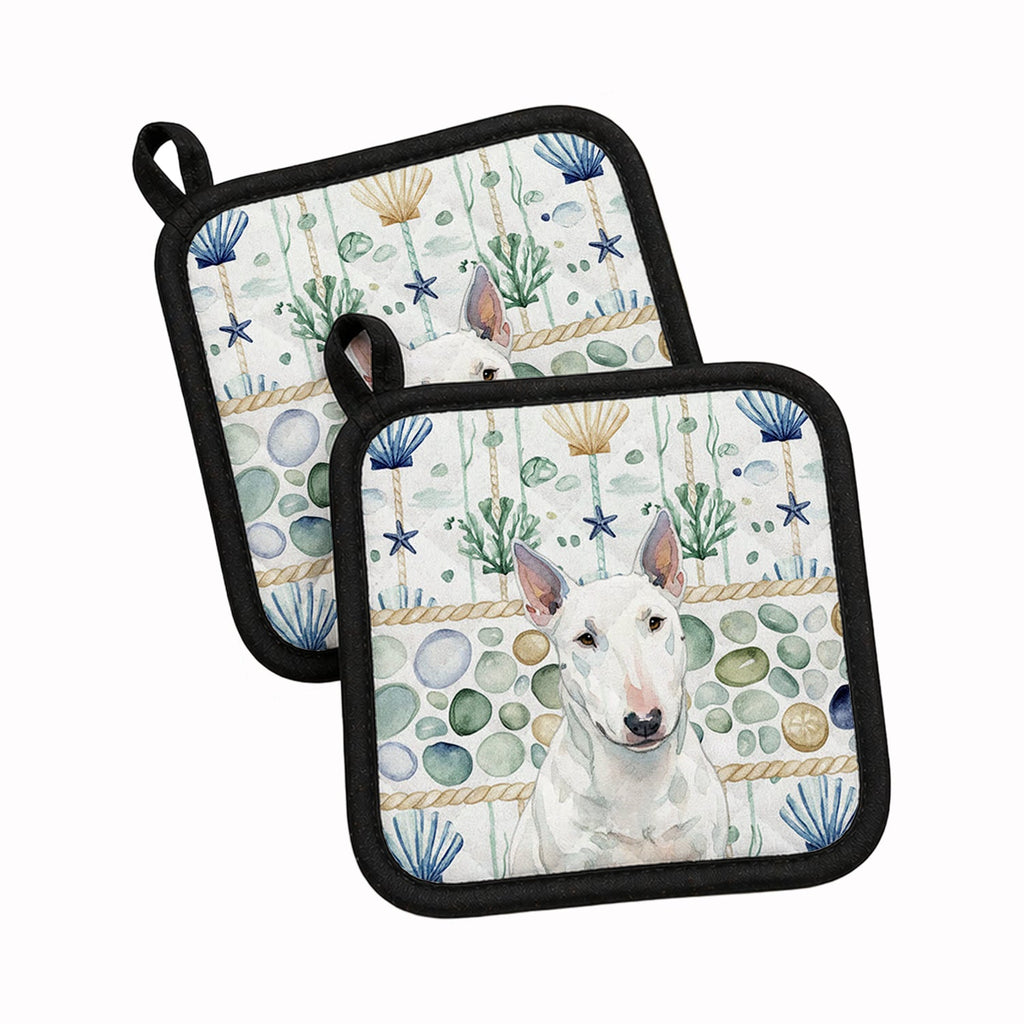 White Miniature Bull Terrier Coastal Sea Glass Pot Holder Set of 2 Heat Resistant Quilted Hot Pads 7.5 x 7.5 Inch, Insulated Kitchen Trivets for Cooking & Baking