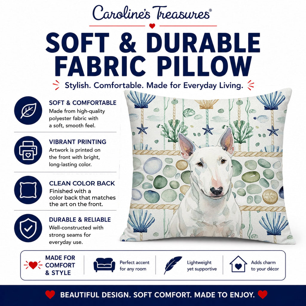 White Miniature Bull Terrier Coastal Sea Glass Decorative Throw Pillow 14x14 Indoor Outdoor Accent Cushion, Fabric Cover with Insert for Sofa, Bed, Porch & Living Room