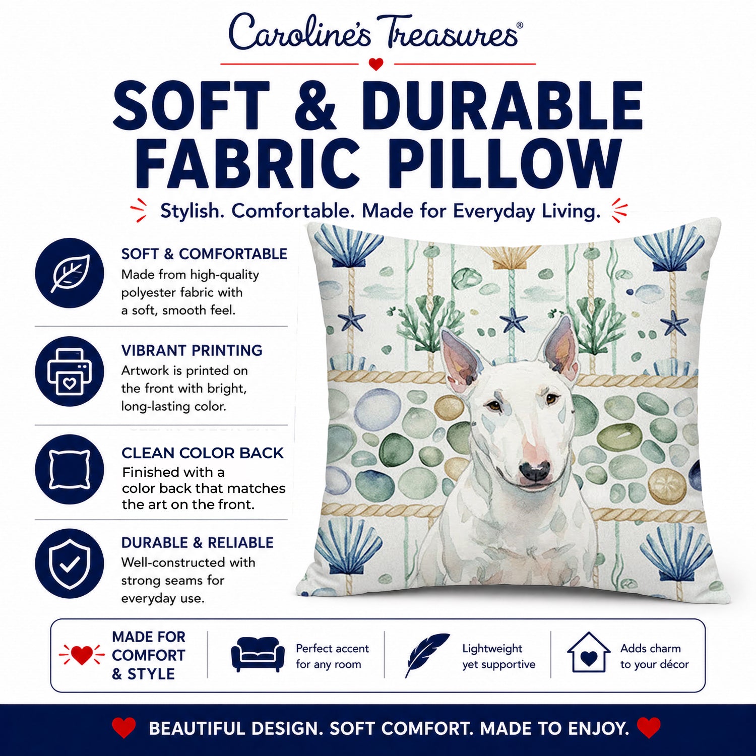 White Miniature Bull Terrier Coastal Sea Glass Decorative Throw Pillow 18x18 Indoor Outdoor Accent Cushion, Fabric Cover with Insert for Sofa, Bed, Porch & Living Room