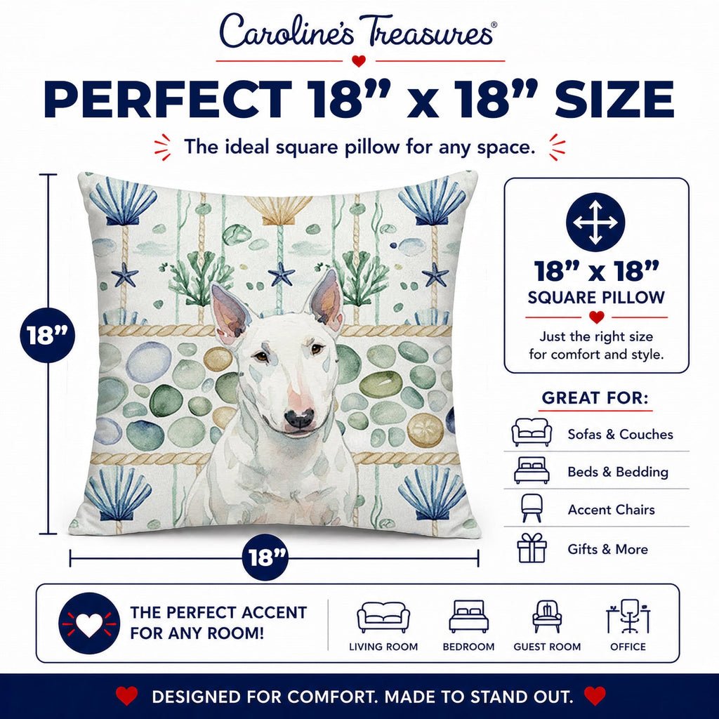 White Miniature Bull Terrier Coastal Sea Glass Decorative Throw Pillow 18x18 Indoor Outdoor Accent Cushion, Fabric Cover with Insert for Sofa, Bed, Porch & Living Room