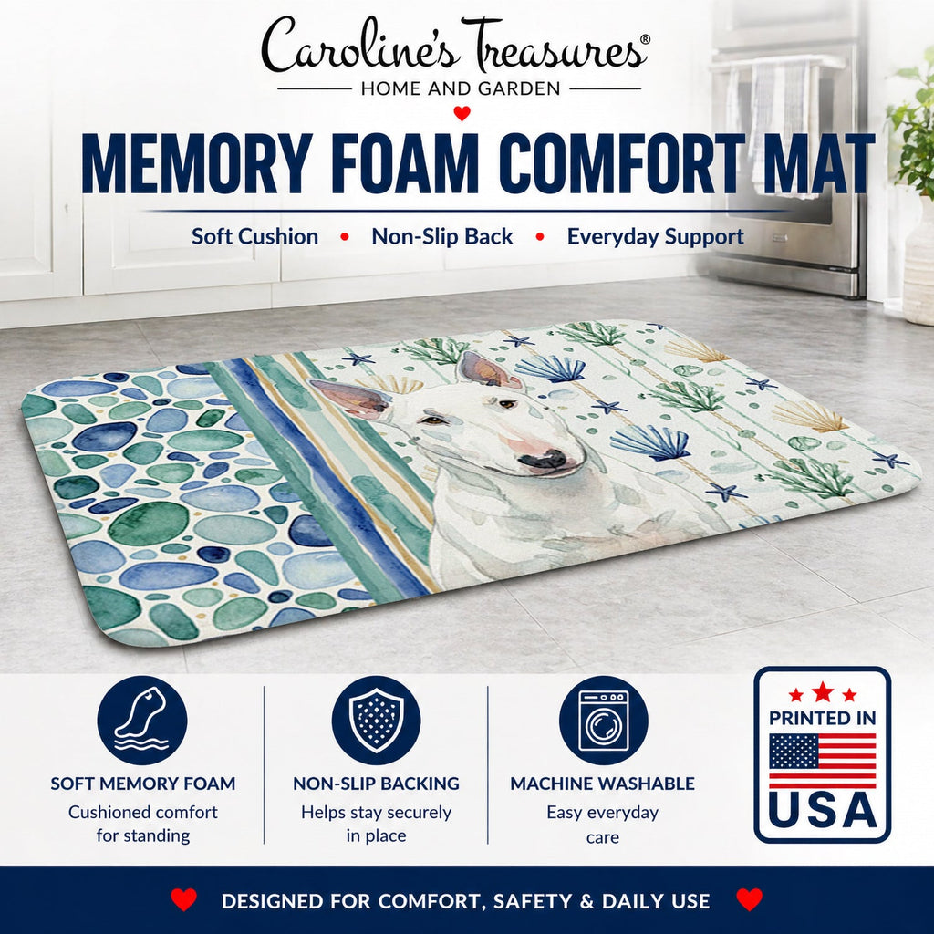 White Miniature Bull Terrier Coastal Sea Glass Memory Foam Kitchen Mat Machine Washable Anti-Fatigue Cushion Comfort Bath or Kitchen Rug