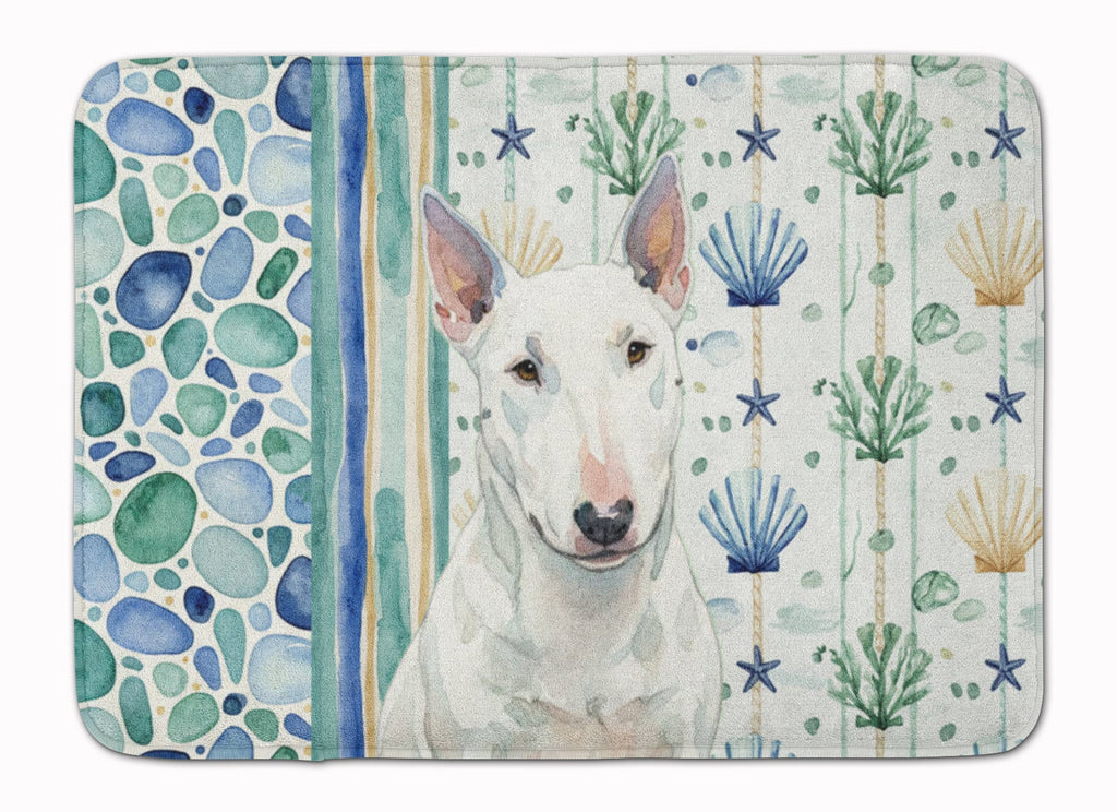 White Miniature Bull Terrier Coastal Sea Glass Memory Foam Kitchen Mat Machine Washable Anti-Fatigue Cushion Comfort Bath or Kitchen Rug