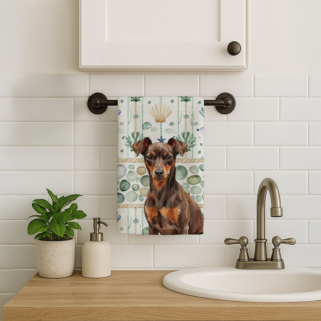 Chocolate and Rust Miniature Pinscher Min Pin Coastal Sea Glass Kitchen Towel Velour Plush Front and Cotton Loop Back Machine Washable