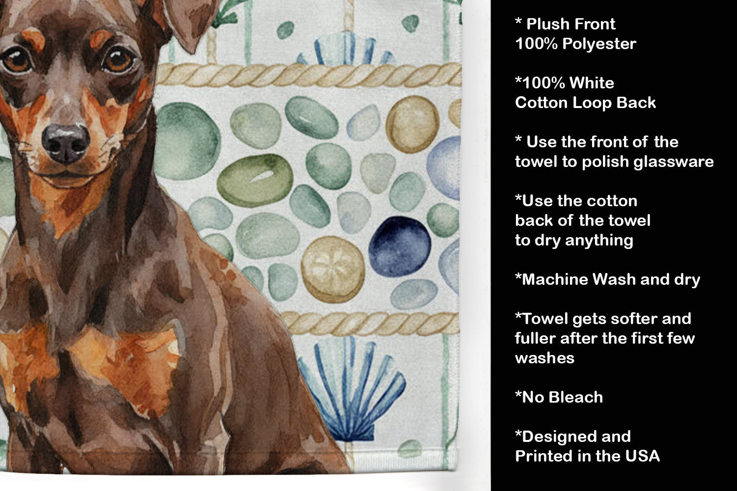 Chocolate and Rust Miniature Pinscher Min Pin Coastal Sea Glass Kitchen Towel Velour Plush Front and Cotton Loop Back Machine Washable