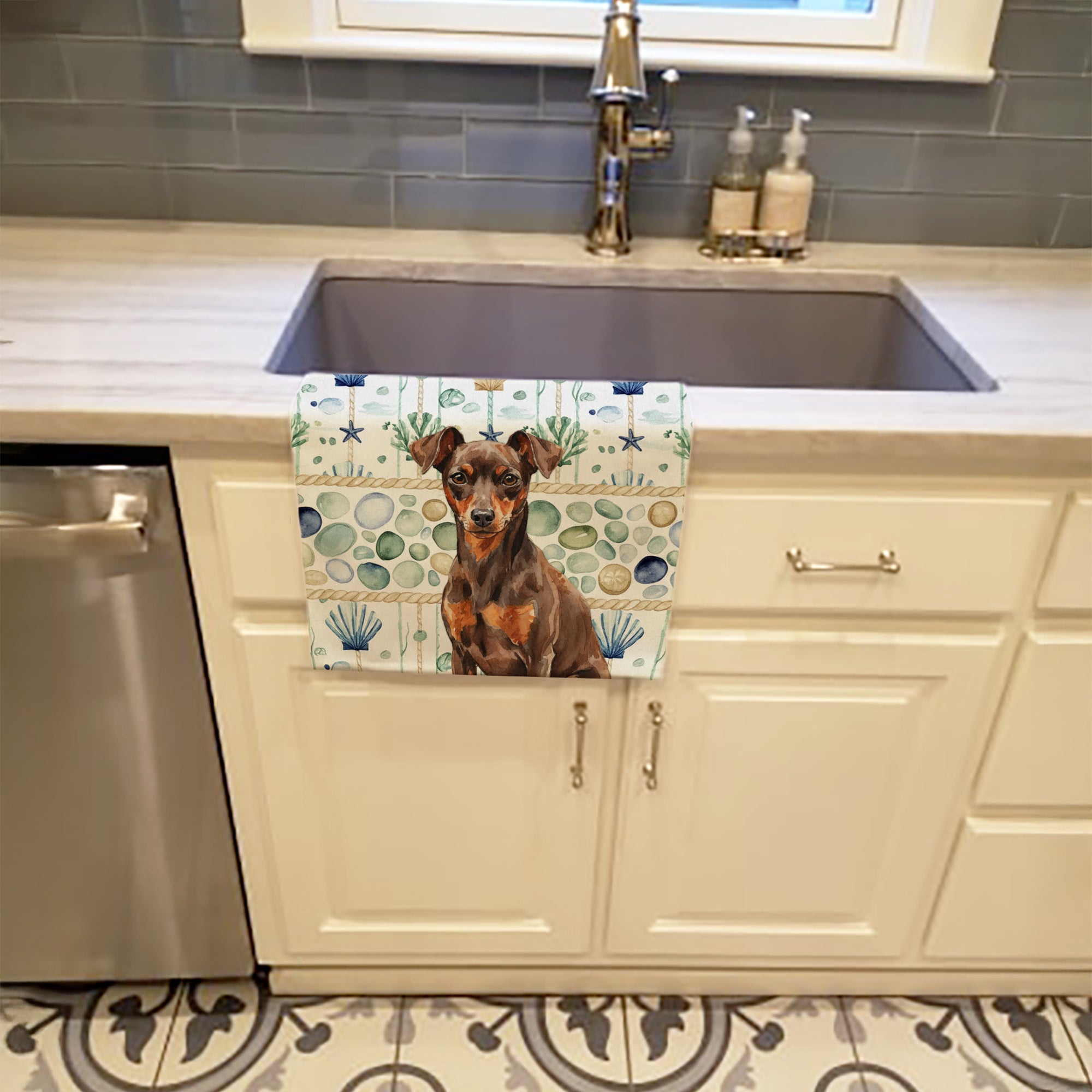 Chocolate and Rust Miniature Pinscher Min Pin Coastal Sea Glass Kitchen Towel Velour Plush Front and Cotton Loop Back Machine Washable