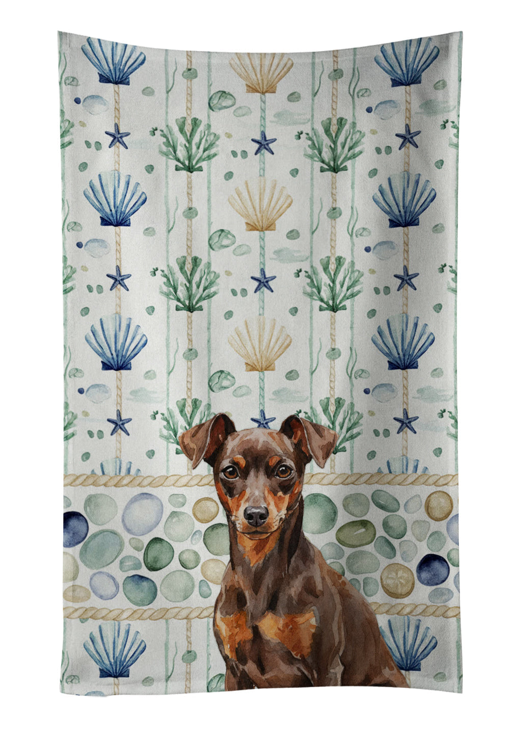 Chocolate and Rust Miniature Pinscher Min Pin Coastal Sea Glass Kitchen Towel Velour Plush Front and Cotton Loop Back Machine Washable