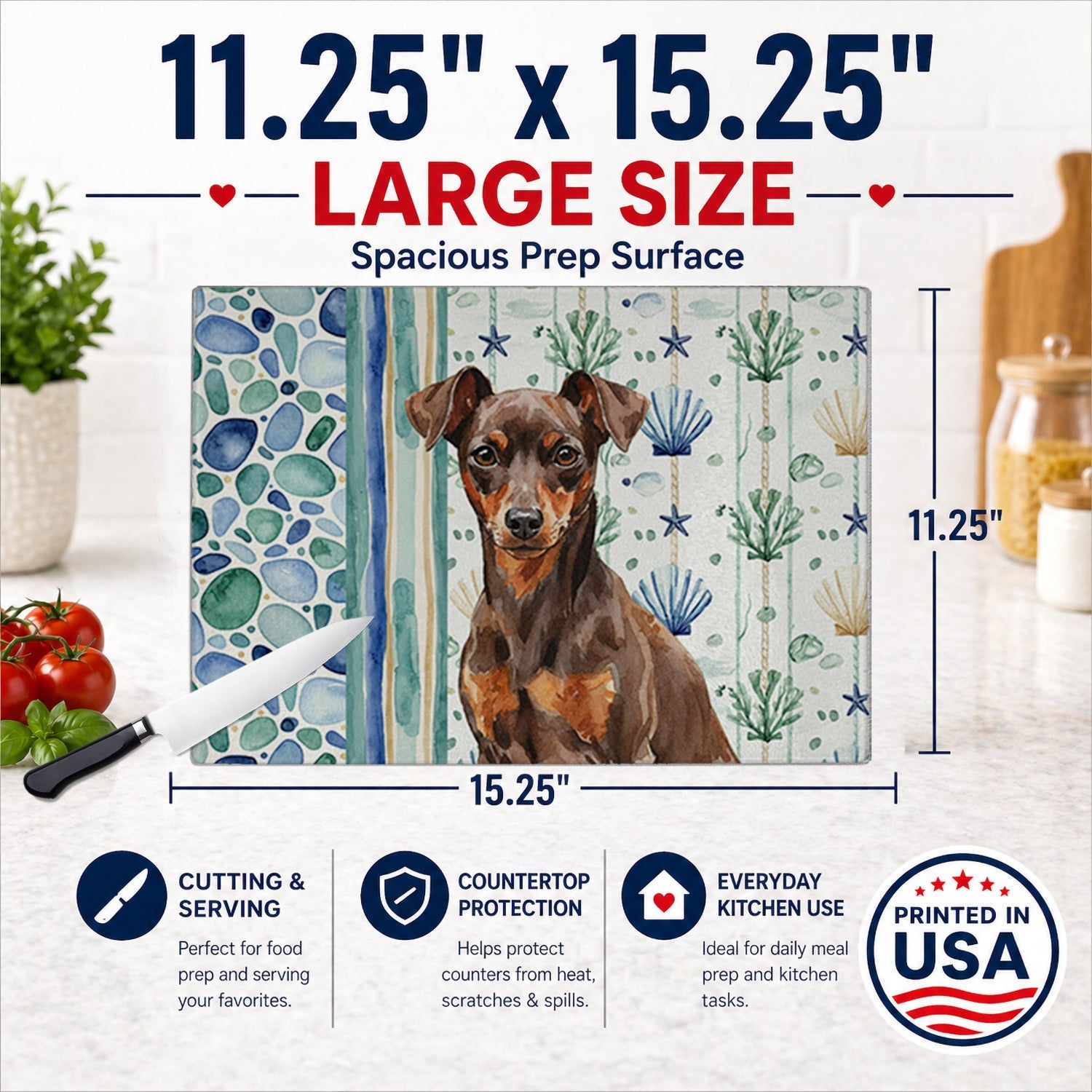 Chocolate and Rust Miniature Pinscher Min Pin Coastal Sea Glass Cutting Board Tempered Glass Kitchen Cutting Surface, Heat Resistant Chopping, Non-Slip Feet, Food Prep & Serving