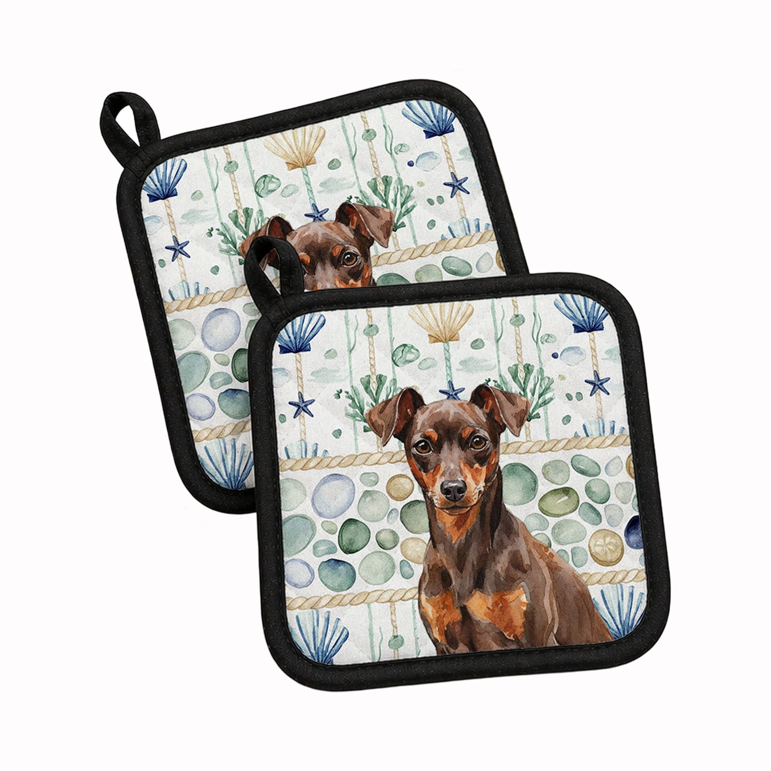 Chocolate and Rust Miniature Pinscher Min Pin Coastal Sea Glass Pot Holder Set of 2 Heat Resistant Quilted Hot Pads 7.5 x 7.5 Inch, Insulated Kitchen Trivets for Cooking & Baking