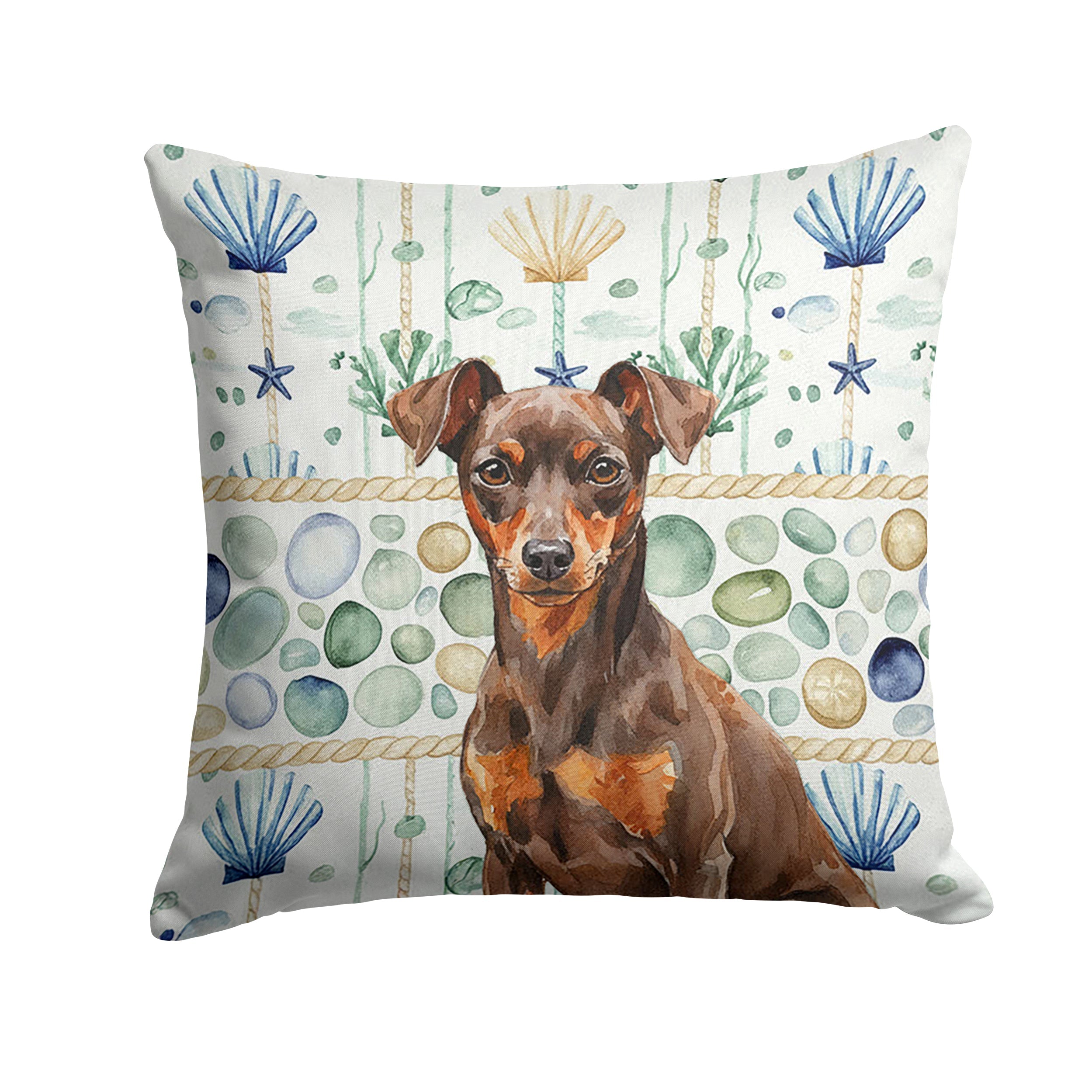 Chocolate and Rust Miniature Pinscher Min Pin Coastal Sea Glass Decorative Throw Pillow 14x14 Indoor Outdoor Accent Cushion, Fabric Cover with Insert for Sofa, Bed, Porch & Living Room