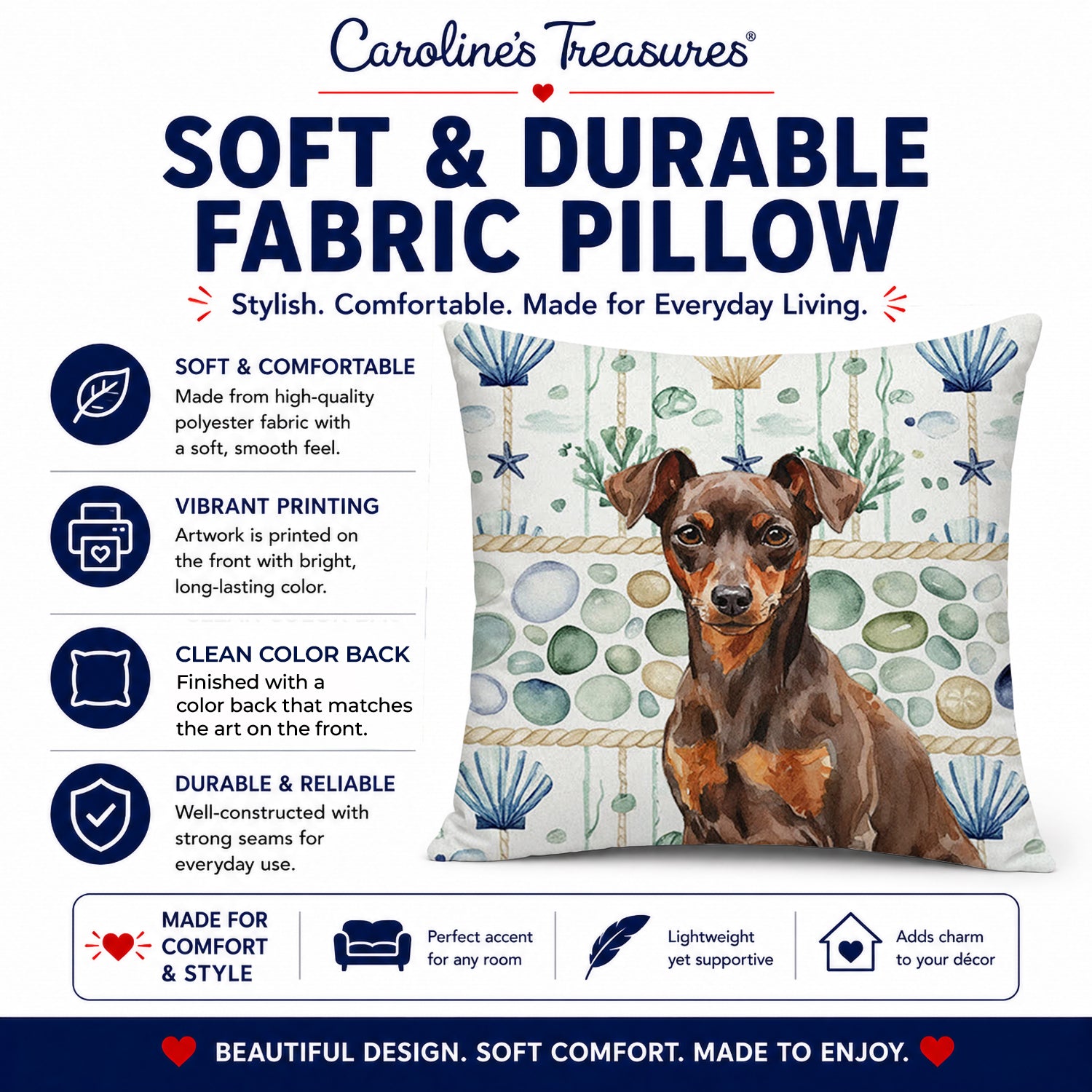 Chocolate and Rust Miniature Pinscher Min Pin Coastal Sea Glass Decorative Throw Pillow 18x18 Indoor Outdoor Accent Cushion, Fabric Cover with Insert for Sofa, Bed, Porch & Living Room