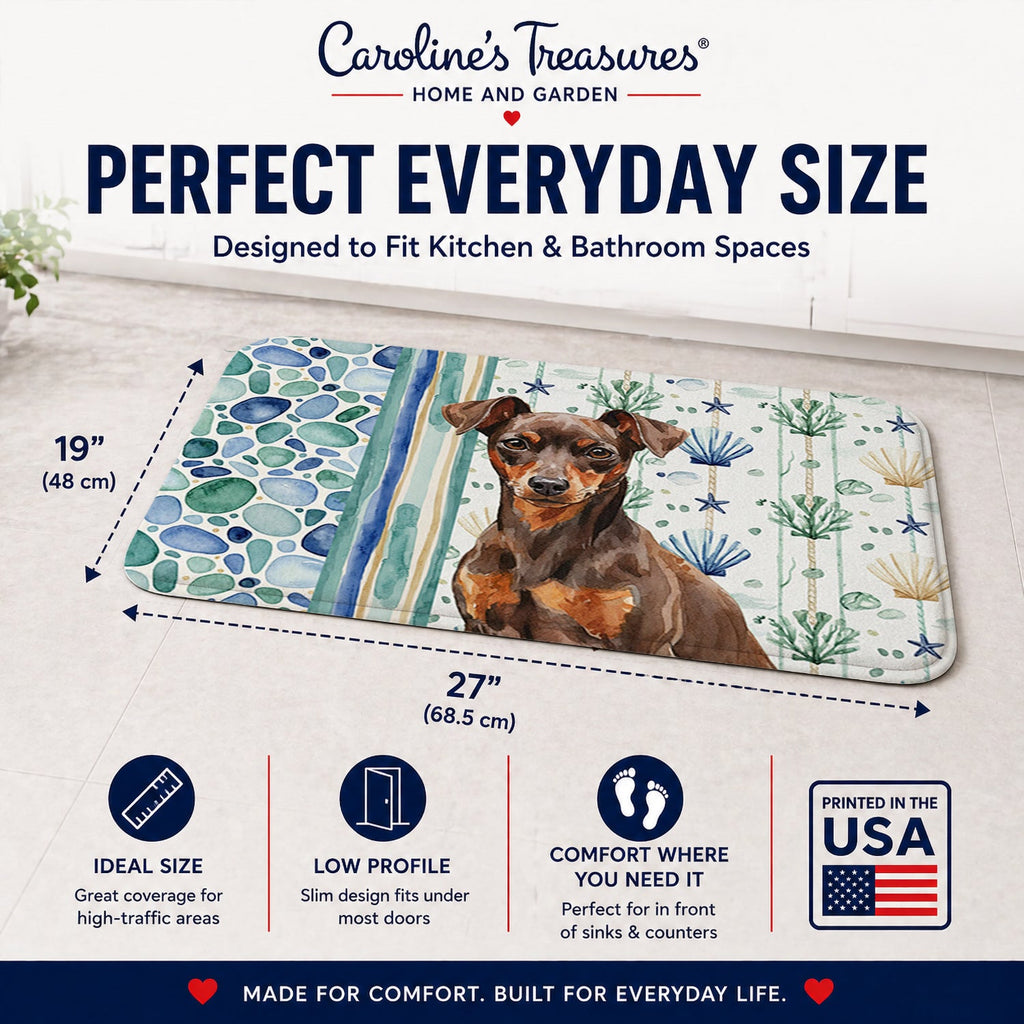 Chocolate and Rust Miniature Pinscher Min Pin Coastal Sea Glass Memory Foam Kitchen Mat Machine Washable Anti-Fatigue Cushion Comfort Bath or Kitchen Rug
