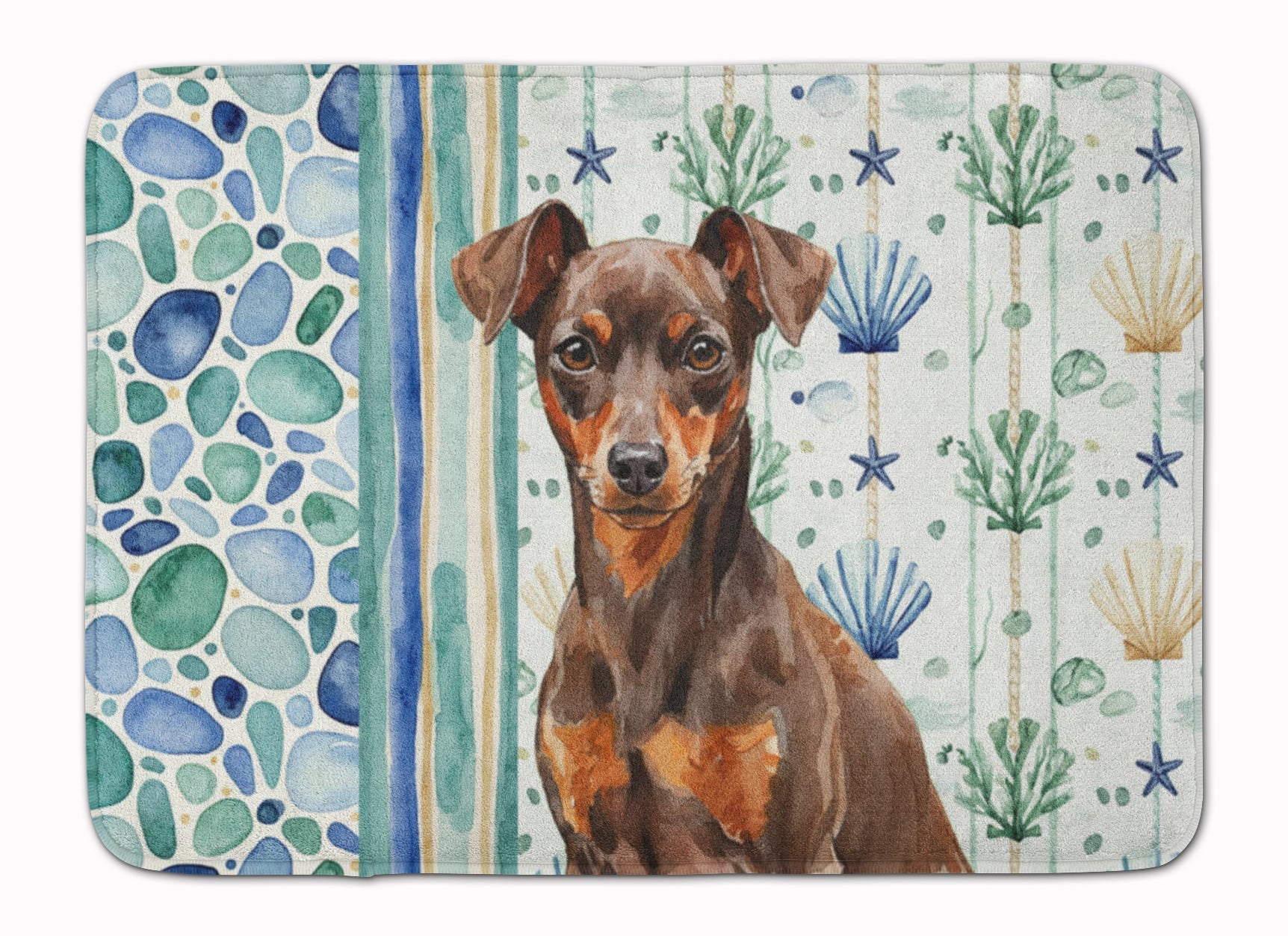 Chocolate and Rust Miniature Pinscher Min Pin Coastal Sea Glass Memory Foam Kitchen Mat Machine Washable Anti-Fatigue Cushion Comfort Bath or Kitchen Rug