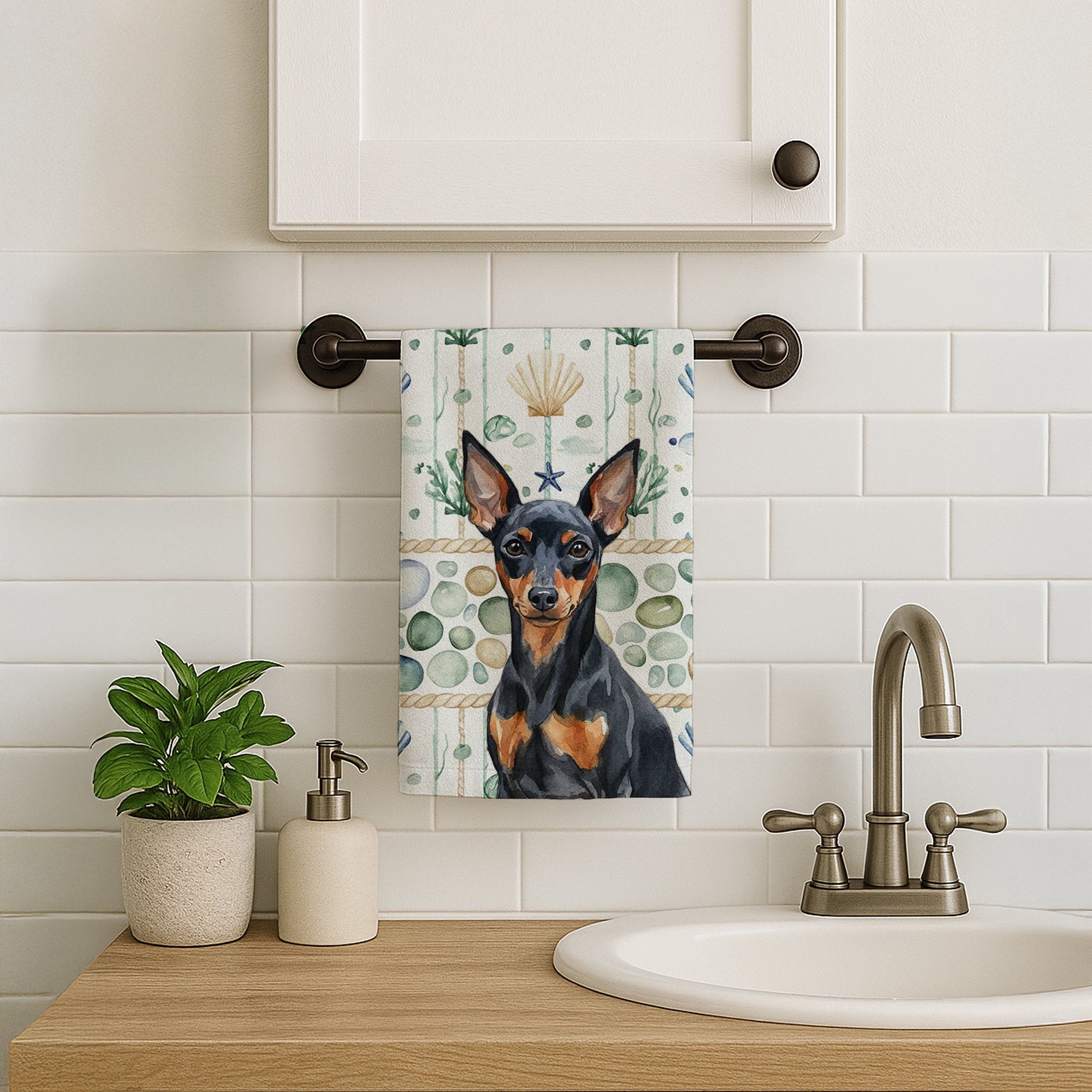 Black and Tan Miniature Pinscher Coastal Sea Glass Kitchen Towel Velour Plush Front and Cotton Loop Back Machine Washable