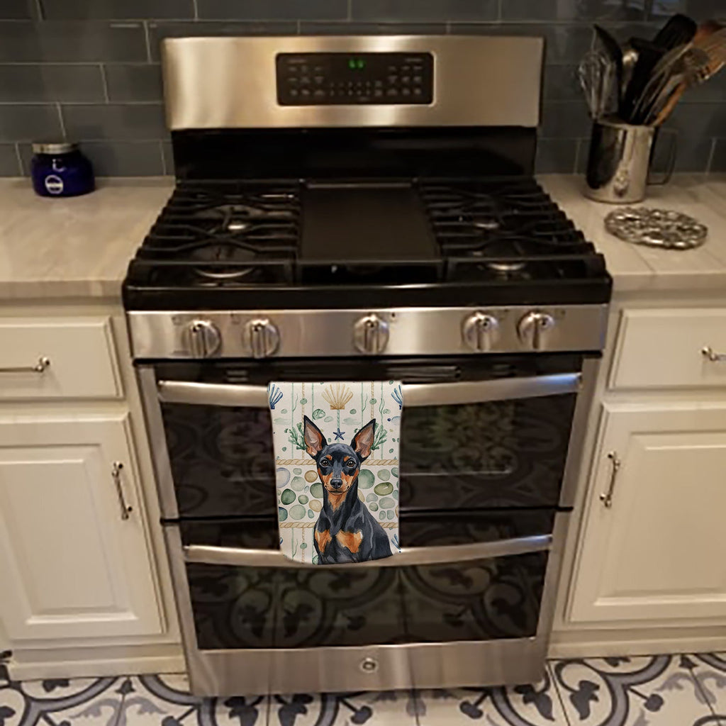 Black and Tan Miniature Pinscher Coastal Sea Glass Kitchen Towel Velour Plush Front and Cotton Loop Back Machine Washable