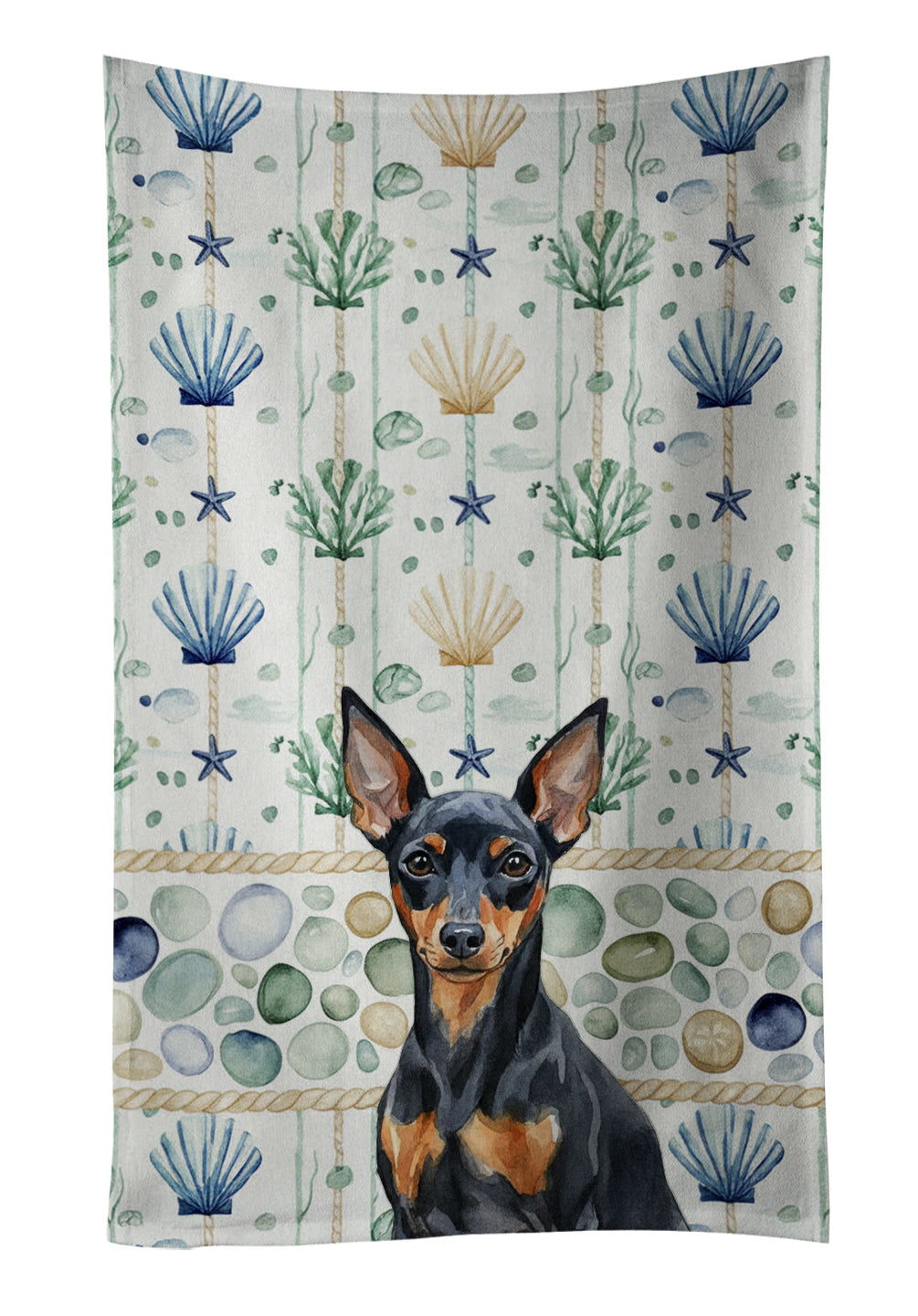 Black and Tan Miniature Pinscher Coastal Sea Glass Kitchen Towel Velour Plush Front and Cotton Loop Back Machine Washable