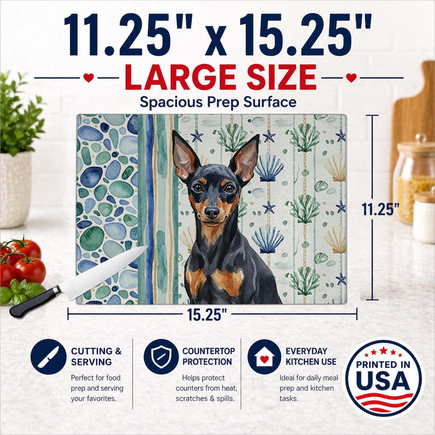 Black and Tan Miniature Pinscher Coastal Sea Glass Cutting Board Tempered Glass Kitchen Cutting Surface, Heat Resistant Chopping, Non-Slip Feet, Food Prep & Serving